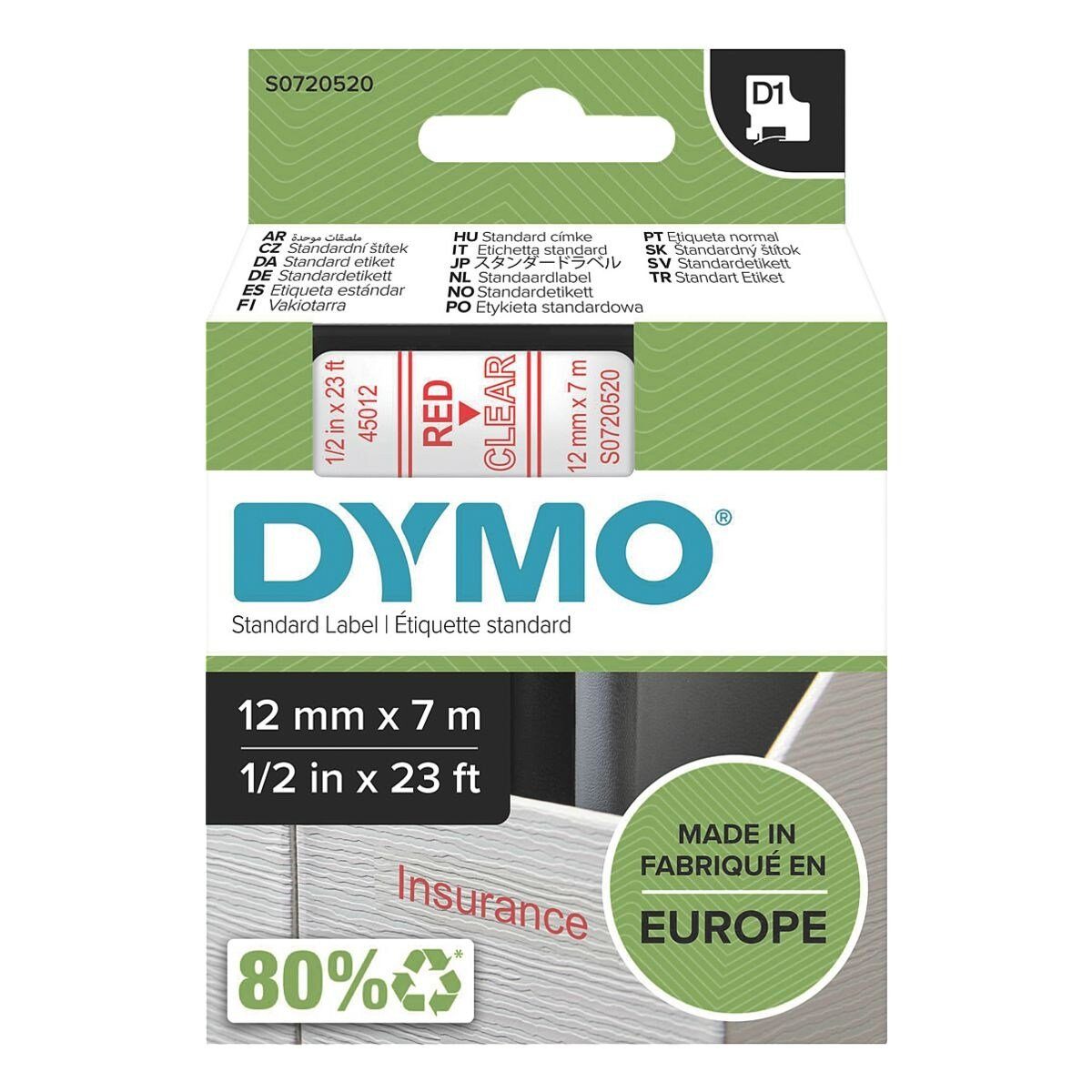 DYMO Beschriftungsband rot auf transparent | Beschriftungsbänder