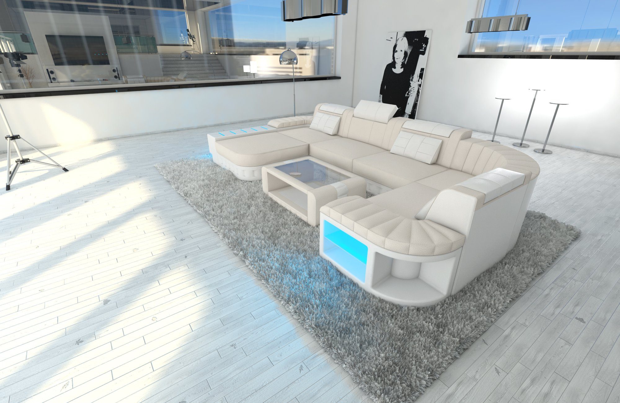 Dreams Form Couch, LED, Wohnlandschaft Polster wahlweise mit Stoffsofa Bellagio Designersofa U Schlafsofa, Elfenbein-Weiss mit Sofa C86 Stoff Bettfunktion Sofa als