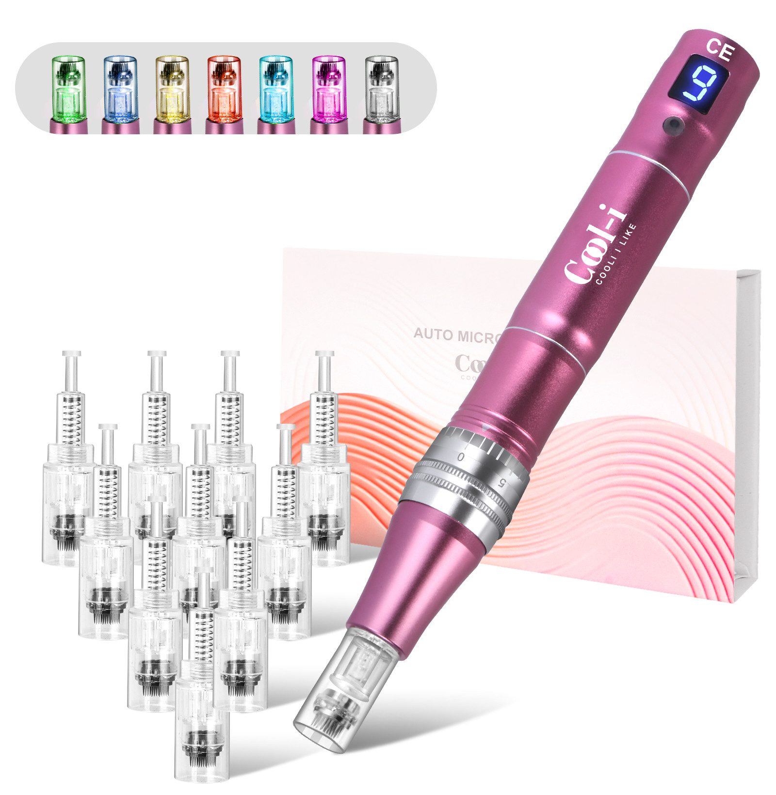 COOL-i ® Micro-Needling Microneedling Pen 0-2,5mm, 9 Stufen, 7 LED-Lichter, 12 Nadelköpfe, Für ergänzende Hautpflege & Hautbildverbesserung V2