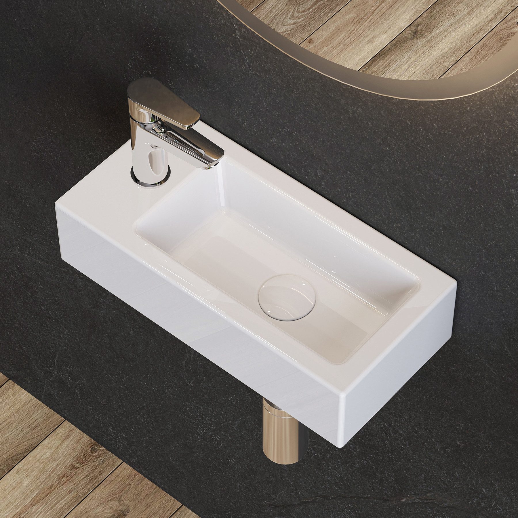 HOROW Waschbecken Mini Hänge-/Aufsatzwaschbecken mit Hahnloch für Bad /Gäste-WC (mit Hahnloch Rechts/Links, Eckig Weiß Waschbecken 37 x 18 x 9 cm), aus Keramik, einfach Montage