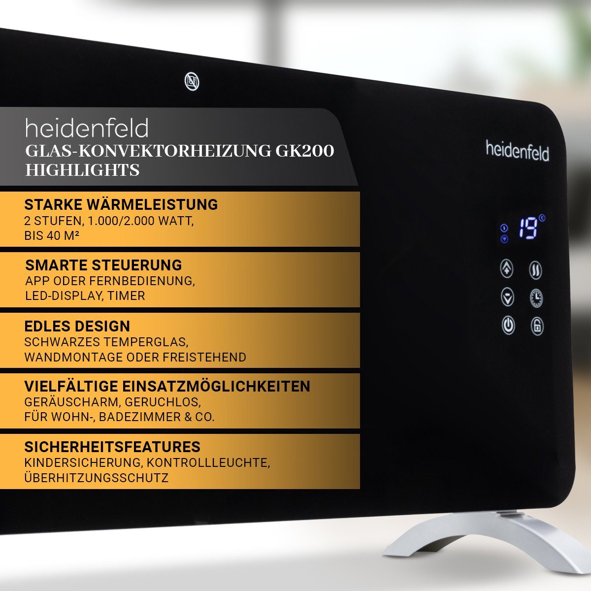 Heidenfeld Konvektor Glaskonvektor GK200 - Elektro Schwarz Garantie - inkl. W, 3 Jahre 2000 2000 Smart-Home - W Kindersicherung WLAN Heizung LED-Display Heizgerät, mit