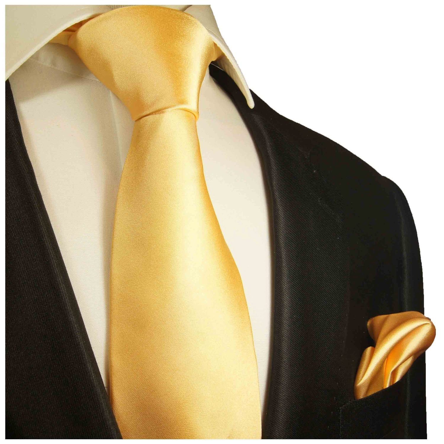 Paul Malone Krawatte Herren Seidenkrawatte Schlips mit Tuch modern uni satin 100% Seide (Set, 2-St., Krawatte mit Einstecktuch) Schmal (6cm), gelb 851
