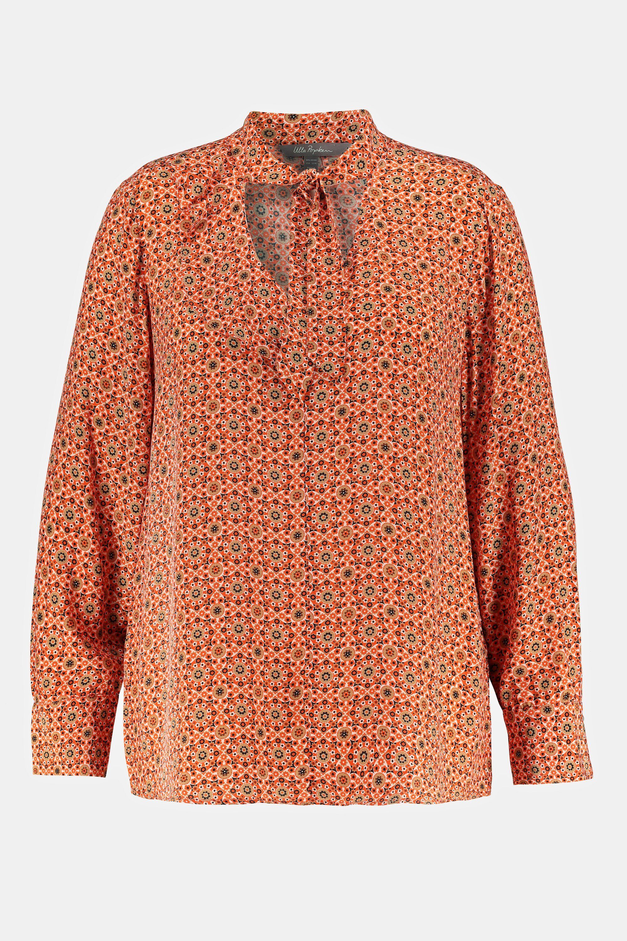 Ulla Popken Longbluse Bluse V-Ausschnitt Volant Stehkragen Muster orange