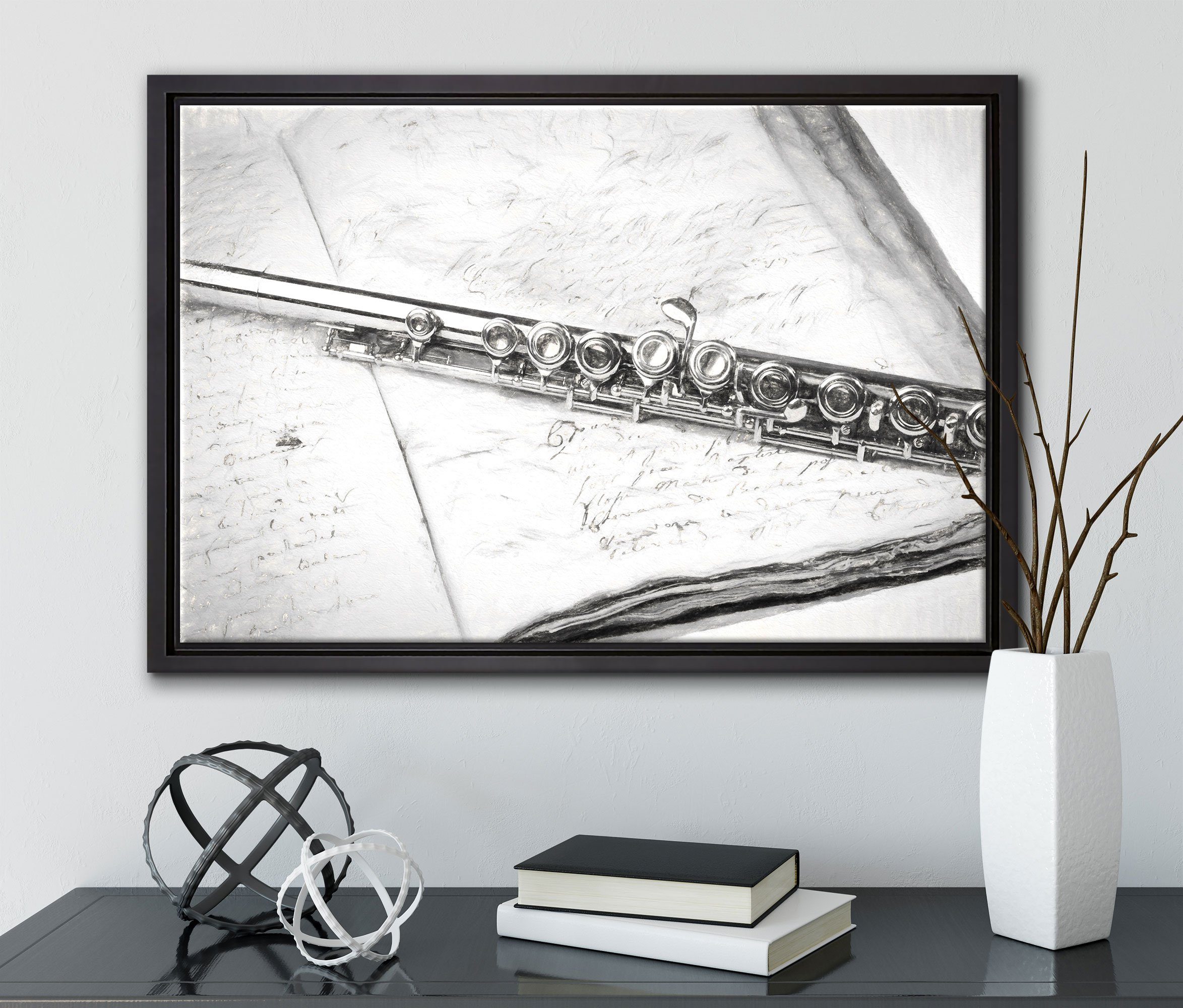 Pixxprint Leinwandbild Querflöte, St), einem Zackenaufhänger fertig bespannt, gefasst, Wanddekoration Schattenfugen-Bilderrahmen Leinwandbild in inkl. (1