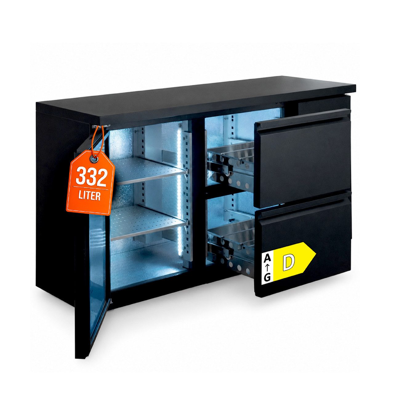 GastroHero Kühlschrank Kühlschrank Barkühltisch 1 Tür 2 Schubladen 146 cm Getränkekühlung BKT-ECO1/2, 86.8 cm hoch, 146.2 cm breit, LED-Innenbeleuchtung, Carel-Thermostat, Umluftkühlung