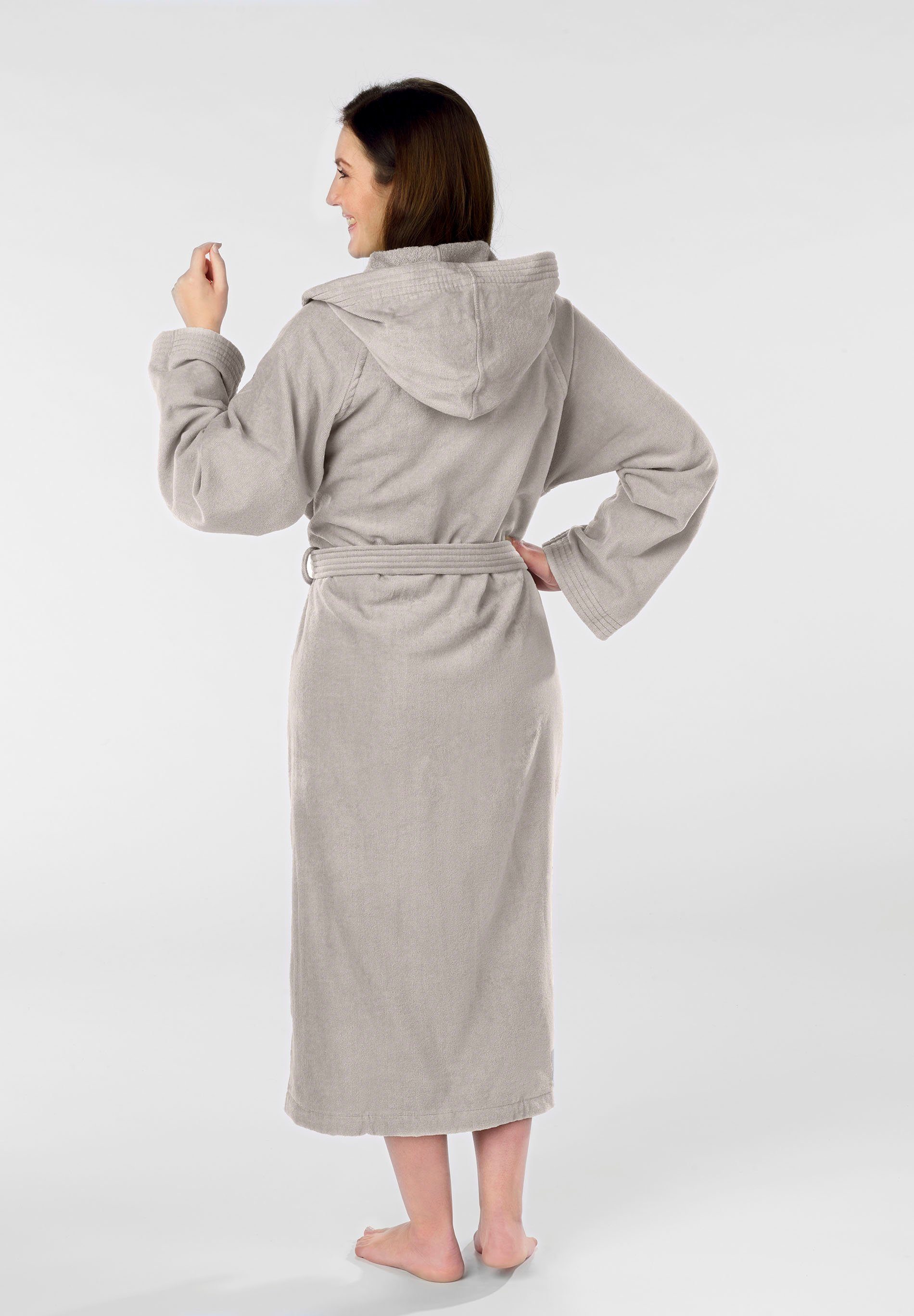 Biberna Unisex-Bademantel Meike, Langform, Frotteevelours, Kapuze, Gürtel, Velours Bademantel für Damen & Herren, mit Kapuze, feine Samt-Optik