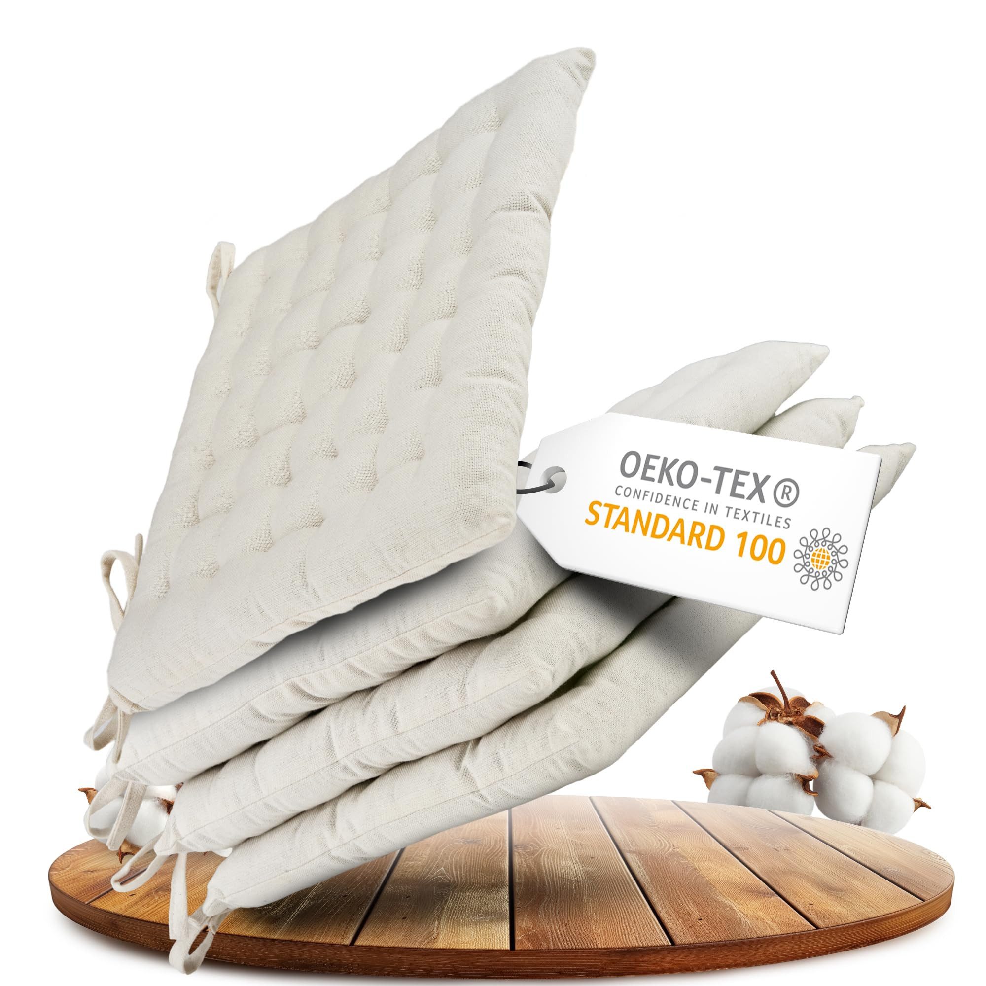 Gräfenstayn Stuhlkissen 4er-Set in 40x40cm und 5cm dicker Polsterung aus 100% Baumwolle, robustes Sitzkissen für Indoor & Outdoor, mit Haltebändern