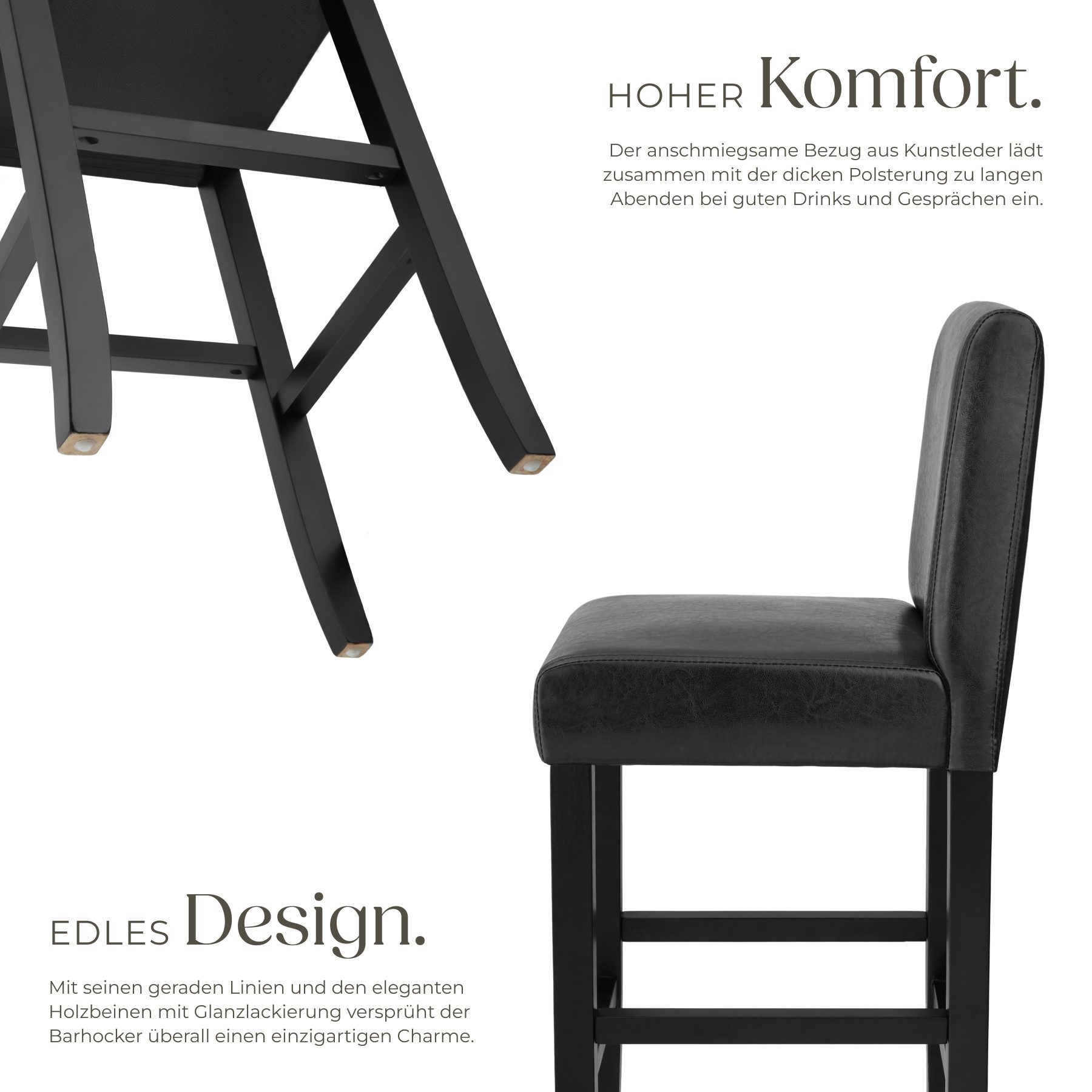 tectake Barhocker Barstuhl aus Kunstleder, gepolstert mit Rückenlehne, Stuhlbeine aus Massivholz, Sitzhöhe 76 cm