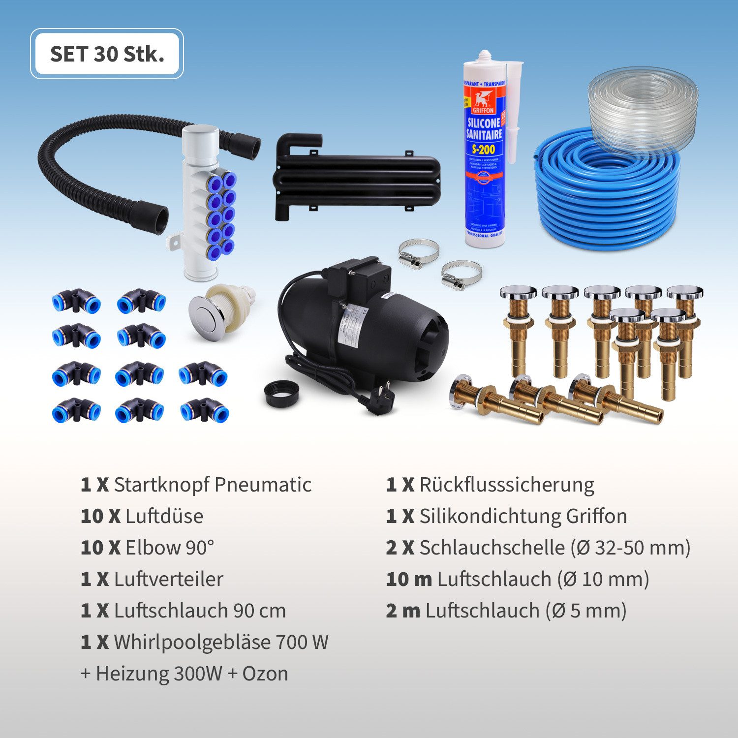 AQUADE Badewannenaufsatz Gebläse Set Bausatz Luftgebläse Airblower mit Airjets, für Whirlpool