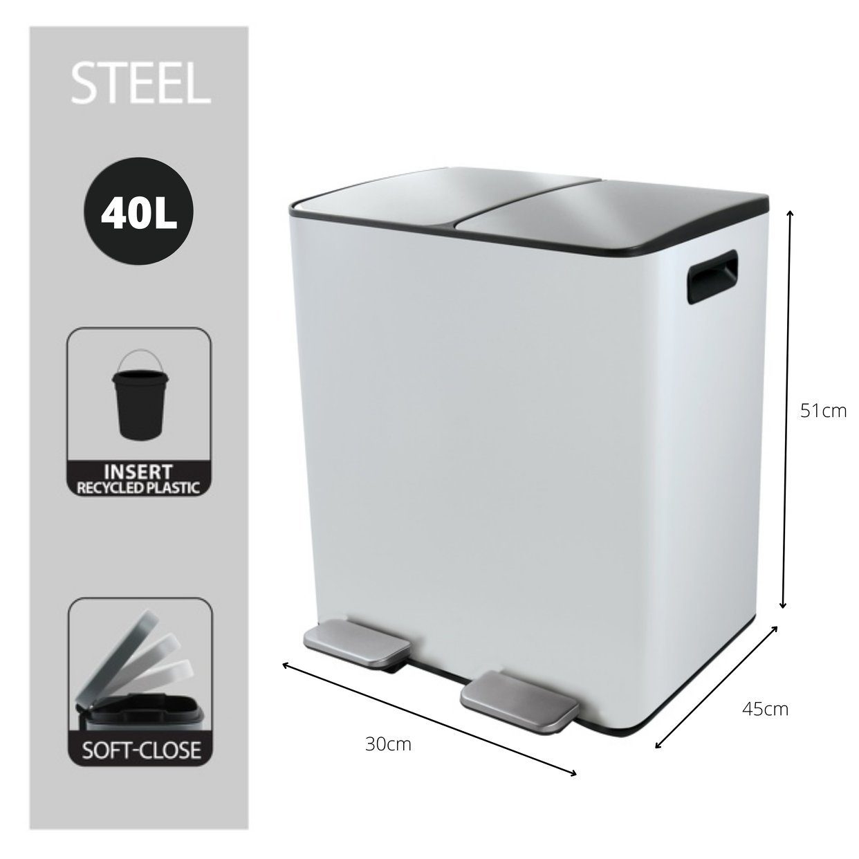 spirella Mülltrennsystem ALIYA, 2 Kammern Abfall Treteimer XL, 40 L, Softclose Absenkautomatik, herausnehmbare Innenbehälter, Anti-Fingerprint Oberfläche, Stahl matt-satiniert, für Küche, Büro, Hauswirtschaftsraum, 2 x 20 L, weiß