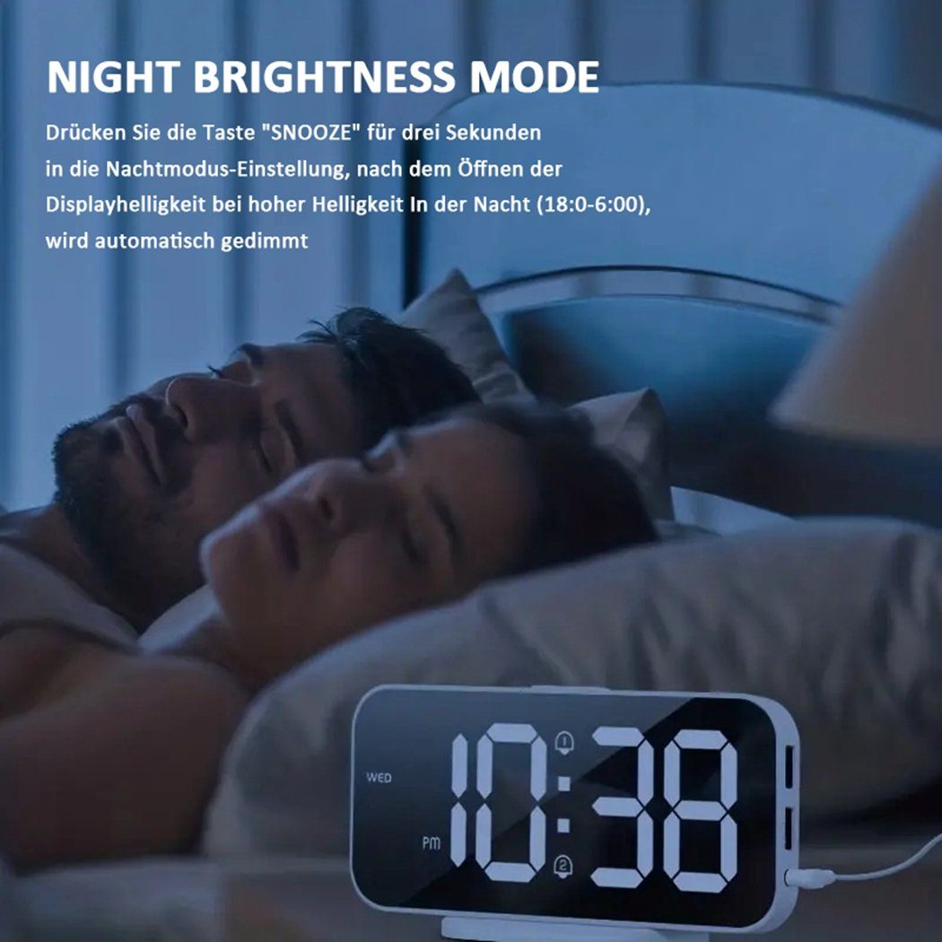 TUABUR Wecker Digitaler Wecker für Schlafzimmer, 6,7-Zoll-LED-Spiegeluhr das Schwarz