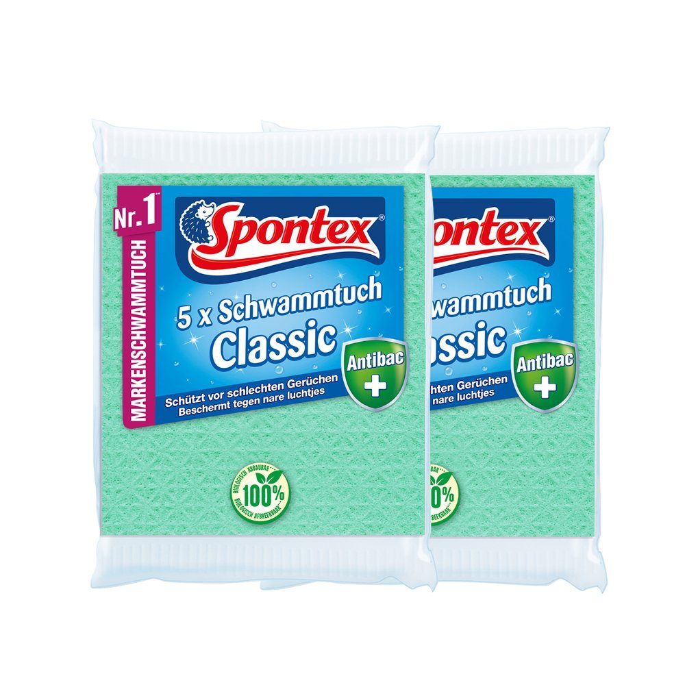 SPONTEX 19200054, Classic Antibac Reinigungstuch (2er Set Schammtuch Antibakteriell - Inhalt jeweils 5 Stück)