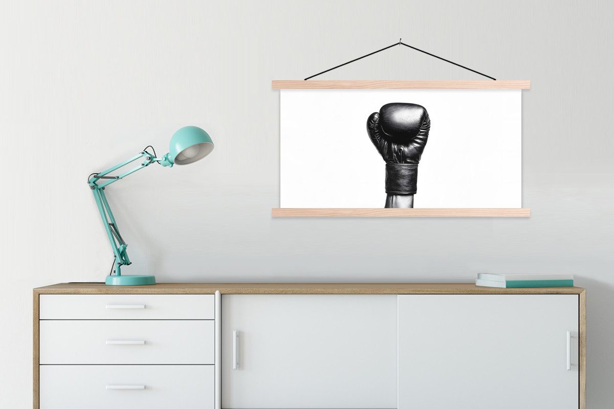 MuchoWow Poster Boxhandschuh - Schwarz - Hand, (1 St), Posterleiste, Textilposter für Wohnzimmer, Bilderleiste, 90x45 cm