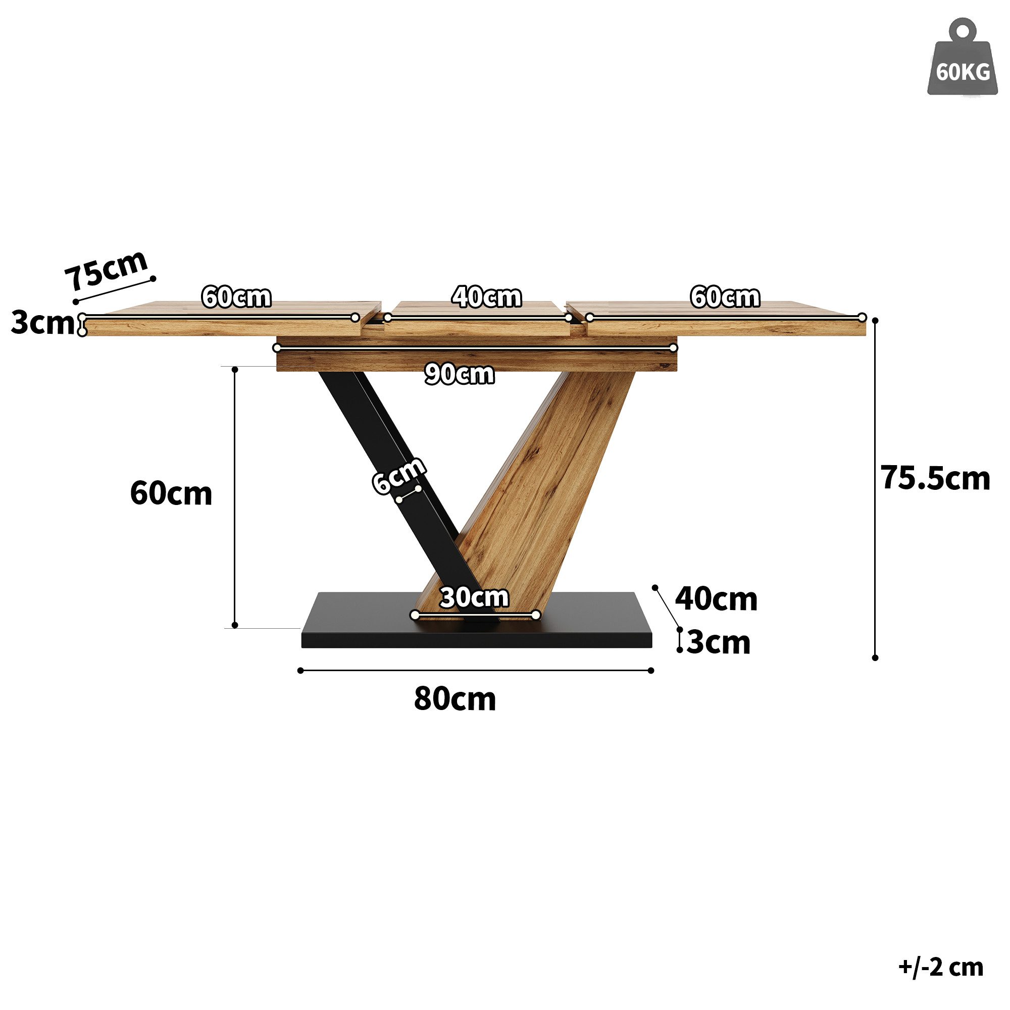 Ulife Esstisch Ausziehbarer Küchentisch, Tischplatte mit Holzmaserung (1-St), 120–160 x 75 x 75,5 cm, geeignet für Küche und Wohnzimmer