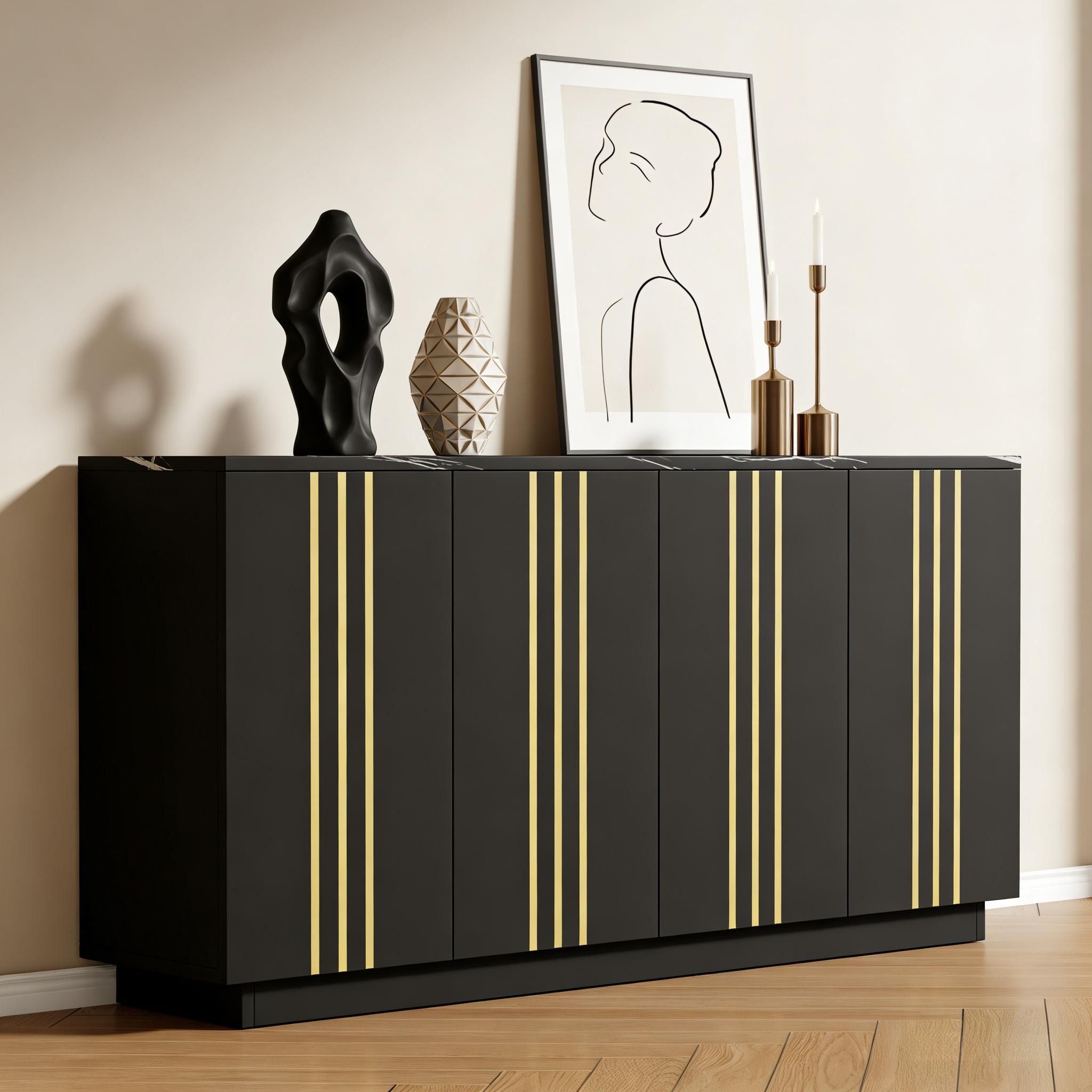 Merax Sideboard mit Vergoldeten Linien, 35x140x70cm (1 St), Aufbewahrungsschrank Kommode mit 4 Türen & verstellbaren Einlegeböden