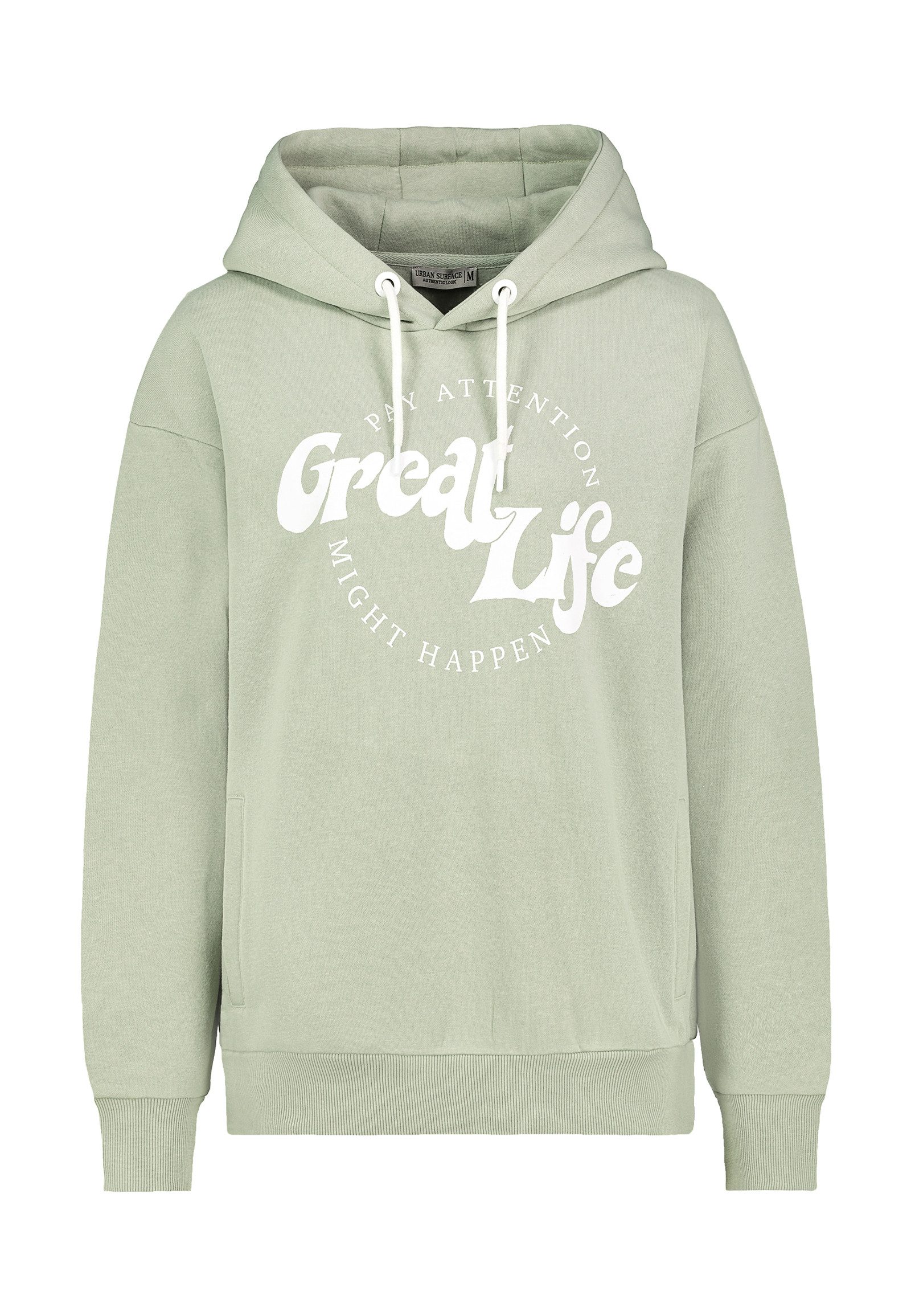 Urban Surface Kapuzenpullover Damen Hoodie Kapuzenpullover mit Frontprint Sweater, Kapuzensweatshirt mit seitl. Eingrifftaschen, mit Kapuze