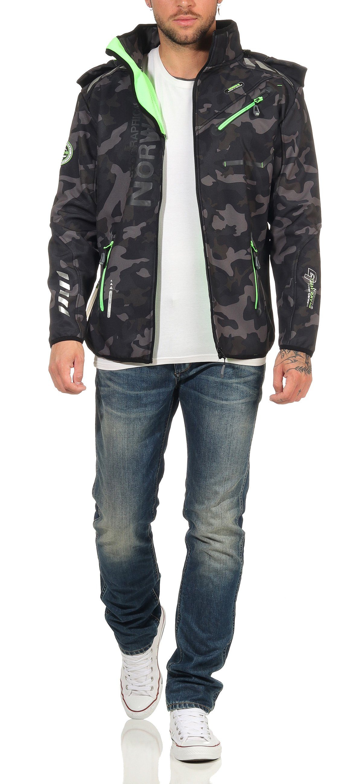 Geographical Norway Softshelljacke Herren Softshell Sport Outdoor Wander Trekking Jacke in Unifarbe, mit abnehmbarer Kapuze, mit Stehkragen