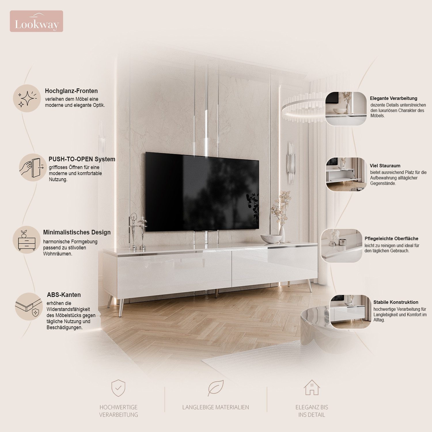 Lookway TV-Schrank AURORA SILVER auf Beinen und LED Beluchtung Breite: 180 cm, Höhe: 45/49,5 cm, Tiefe: 40 cm – Bild 3 von 5