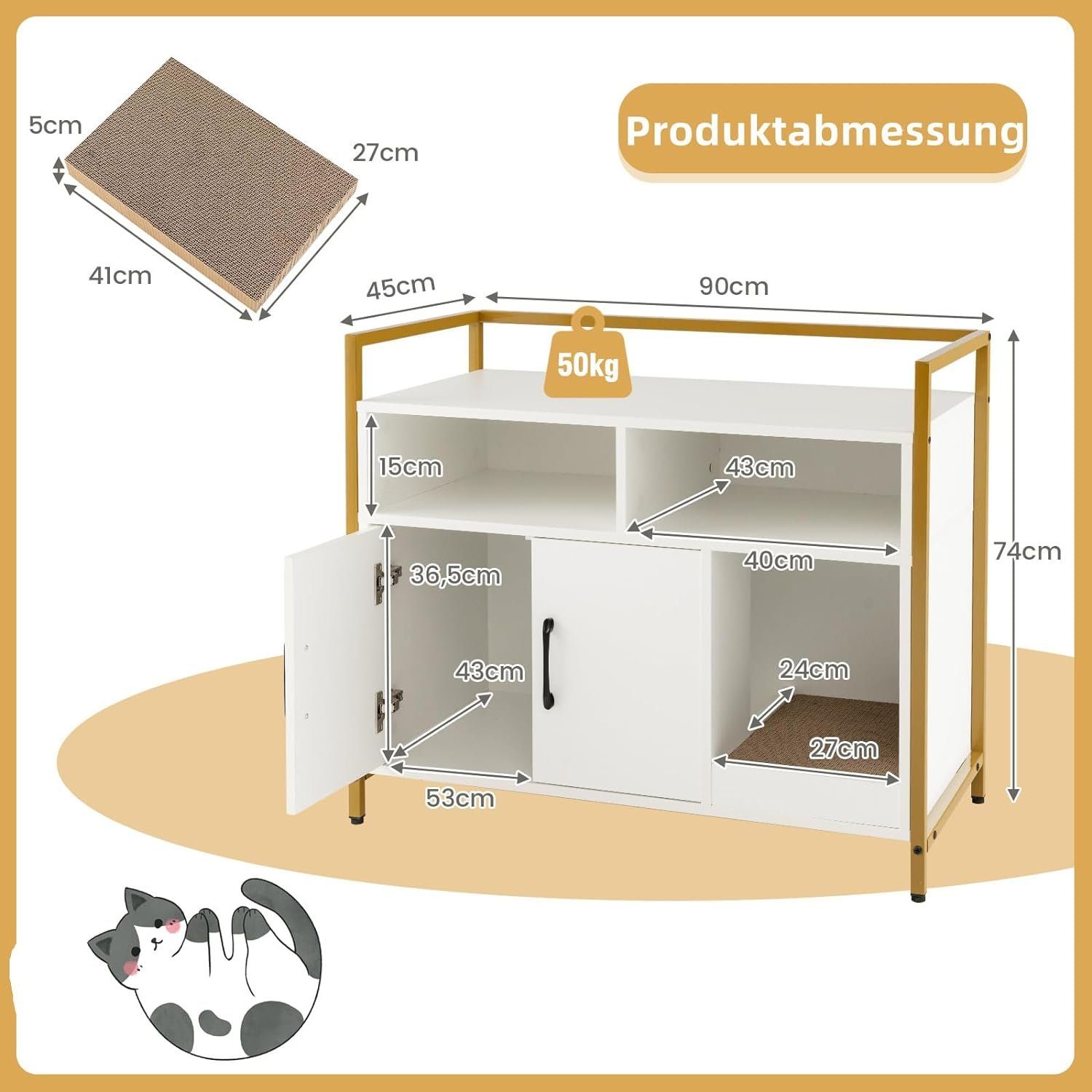 KOMFOTTEU Tierhaus 2 in 1 Katzenschrank Katzentoilette, mit Doppeltüren, Kratzbrett & 2 Fächern
