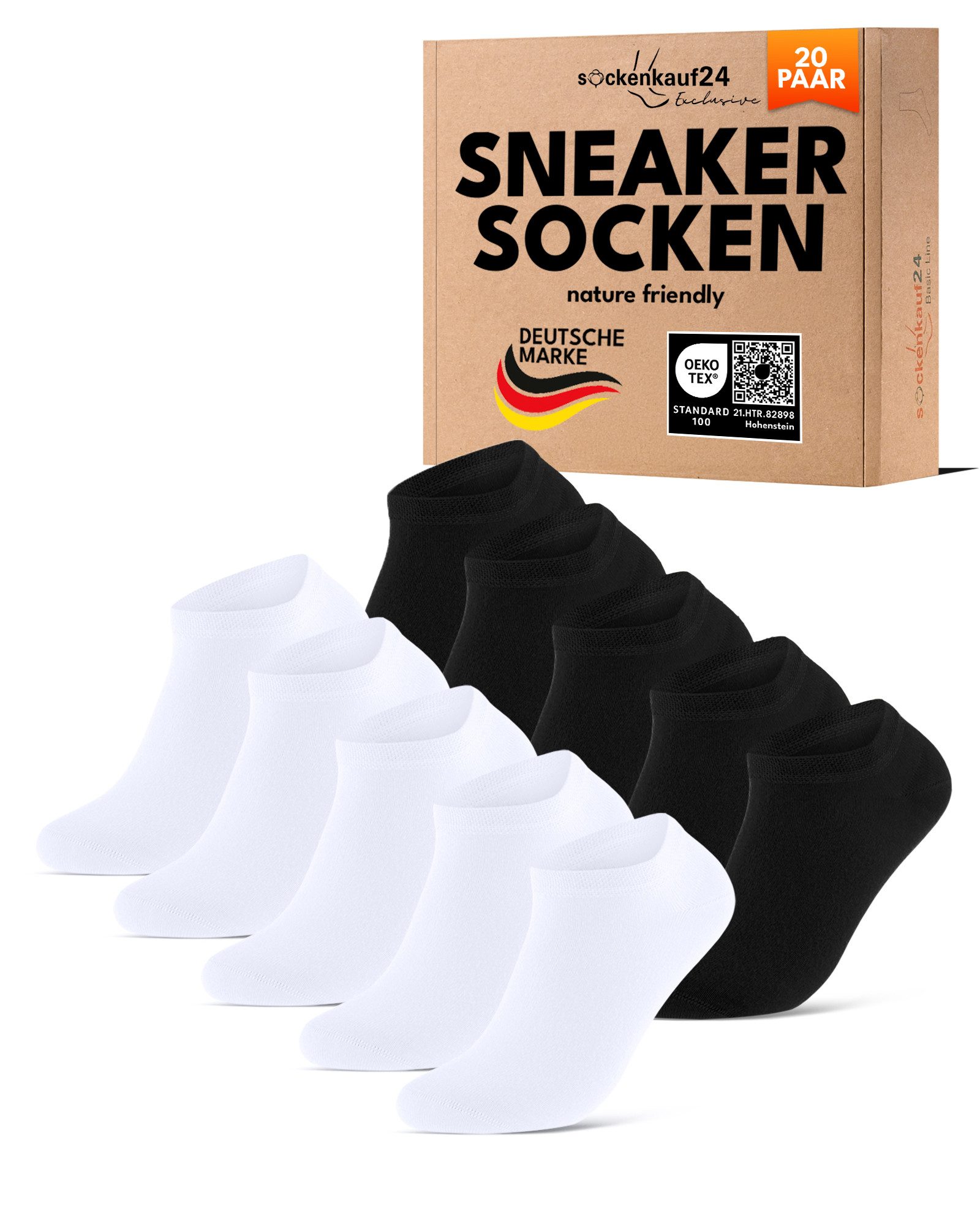 sockenkauf24 Sneakersocken Premium Sneaker Socken Herren & Damen mit Komfortbund ohne Gummidruck (20-Paar) atmungsaktive gekämmte Baumwolle, ohne Naht, Exclusive Line