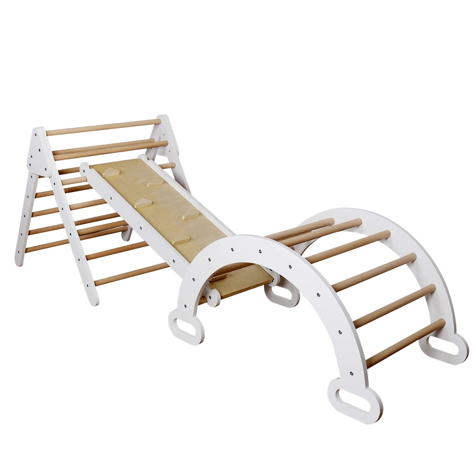 TikTakToo Spielcenter 3in1 Kletterbogen Bogenwippe Kletterdreieck und Rampe, Montessori Kletterparcour, Klettergerüst, Kinderzimmer