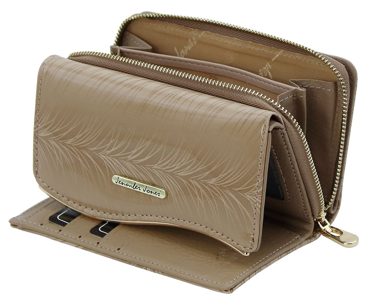J JONES JENNIFER JONES Geldbörse Elegantes Damen Leder Portmonee RFID-Schutz viele Fächer Glanz-Optik, Frontfach mit geschwungener Zierleiste