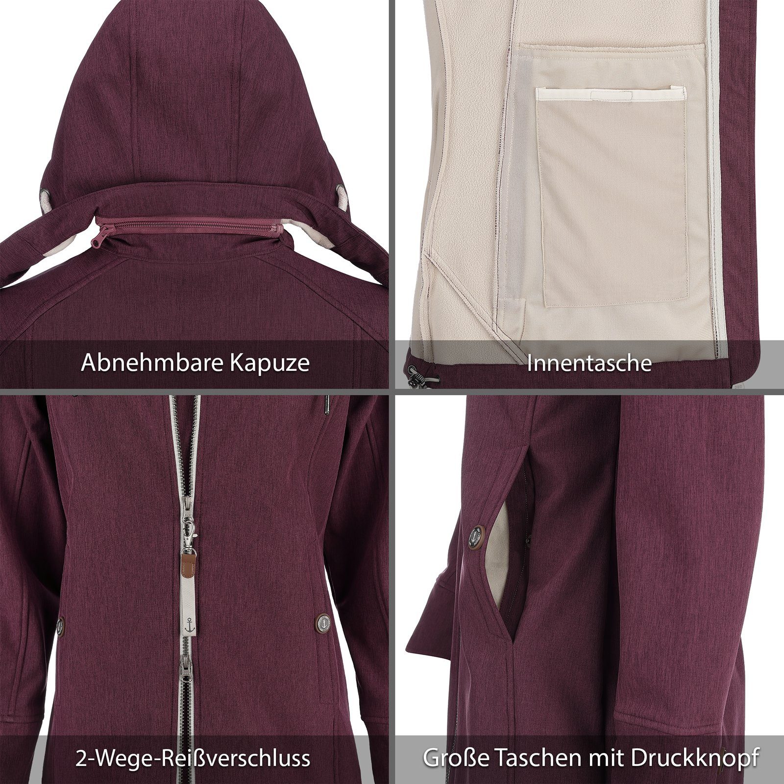 Dry Fashion Softshelljacke Sellin Damen Softshell Mantel Sellin Meliert mit Fleece-Futter und Kapuze