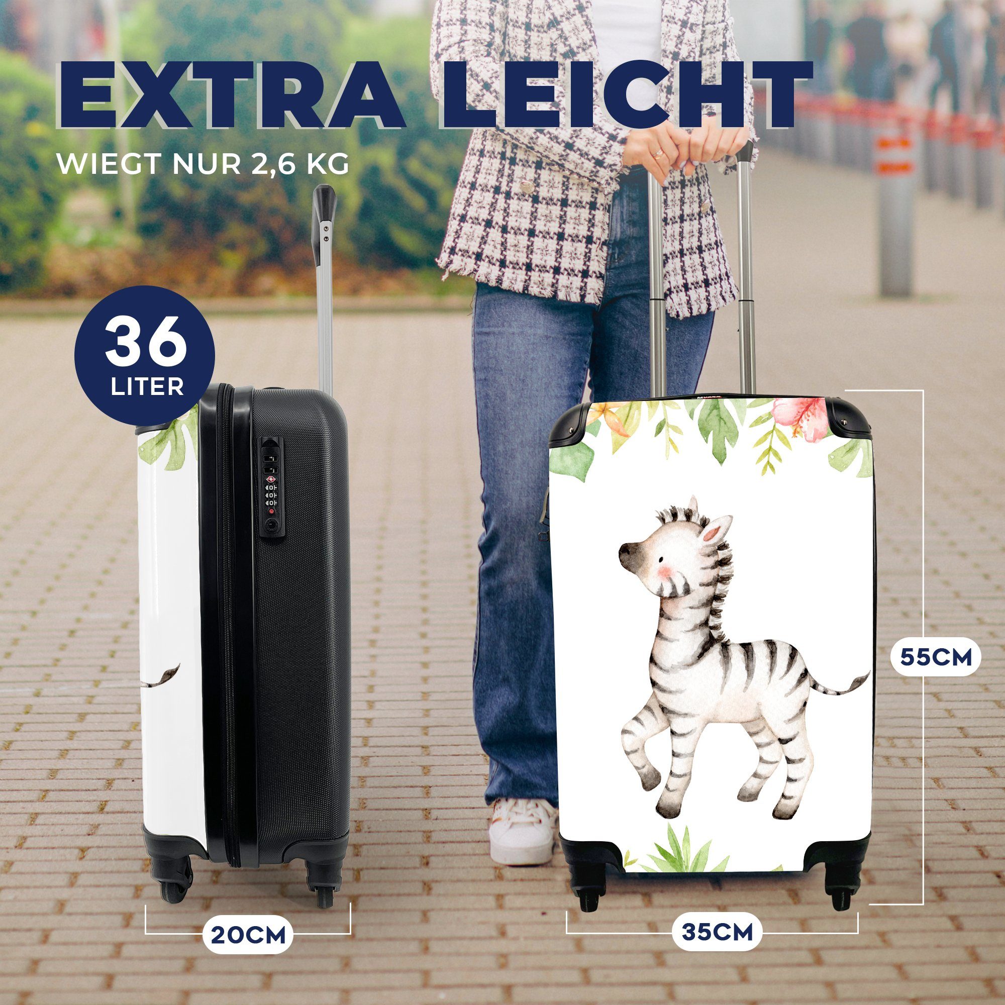 Handgepäckkoffer rollen, für mit Ferien, Zebra - 4 Dschungel Reisekoffer - Rollen, MuchoWow Pflanzen, Blumen - Trolley, Reisetasche Handgepäck