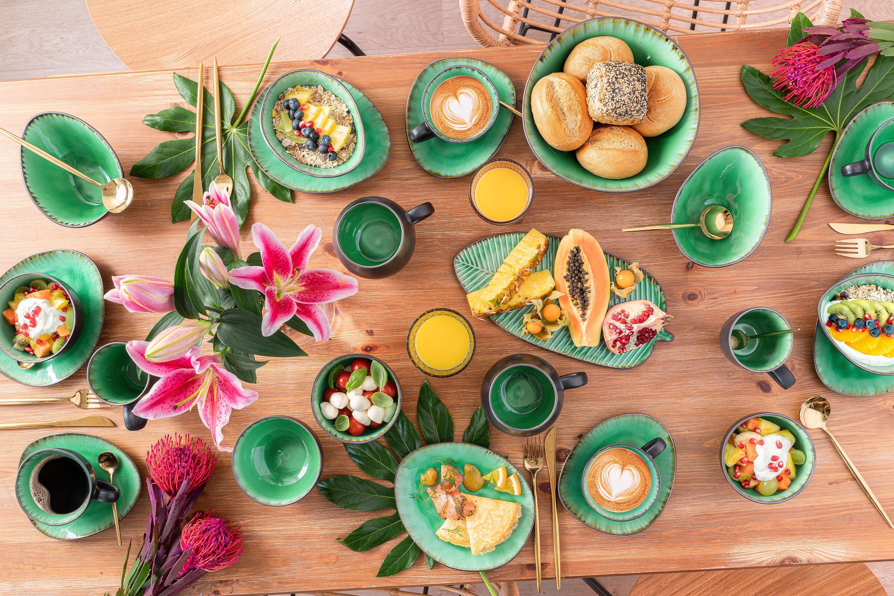 SÄNGER Kaffeeservice Palm Beach (12-tlg), 4 Personen, Steingut, Kaffeetassen Set, Grün Schwarz, Handmade, Premium Collection