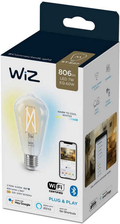 WiZ »Filament 60W E27 Edisonform Clear Einzelpack« LED-Filament, E27, 1 St., Warmweiß, Bringen Sie mit Wiz Tunable White Filament LED Lampen klassisches Vintage-Design in jeden Raum.