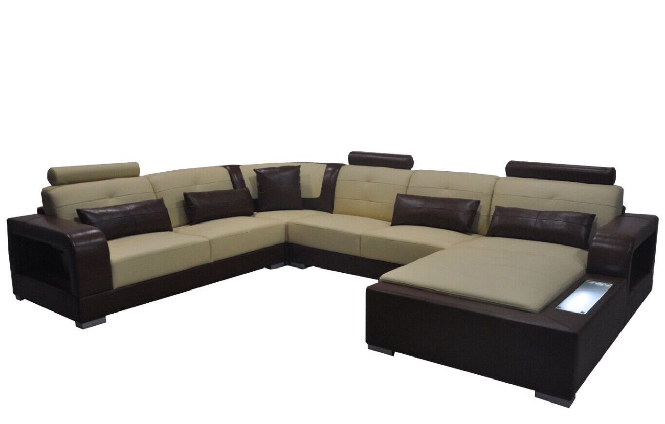 Garnitur Polster Sofa+USB Wohnlandschaft U Modern Beige Ecksofa Eck Form Leder JVmoebel Couch