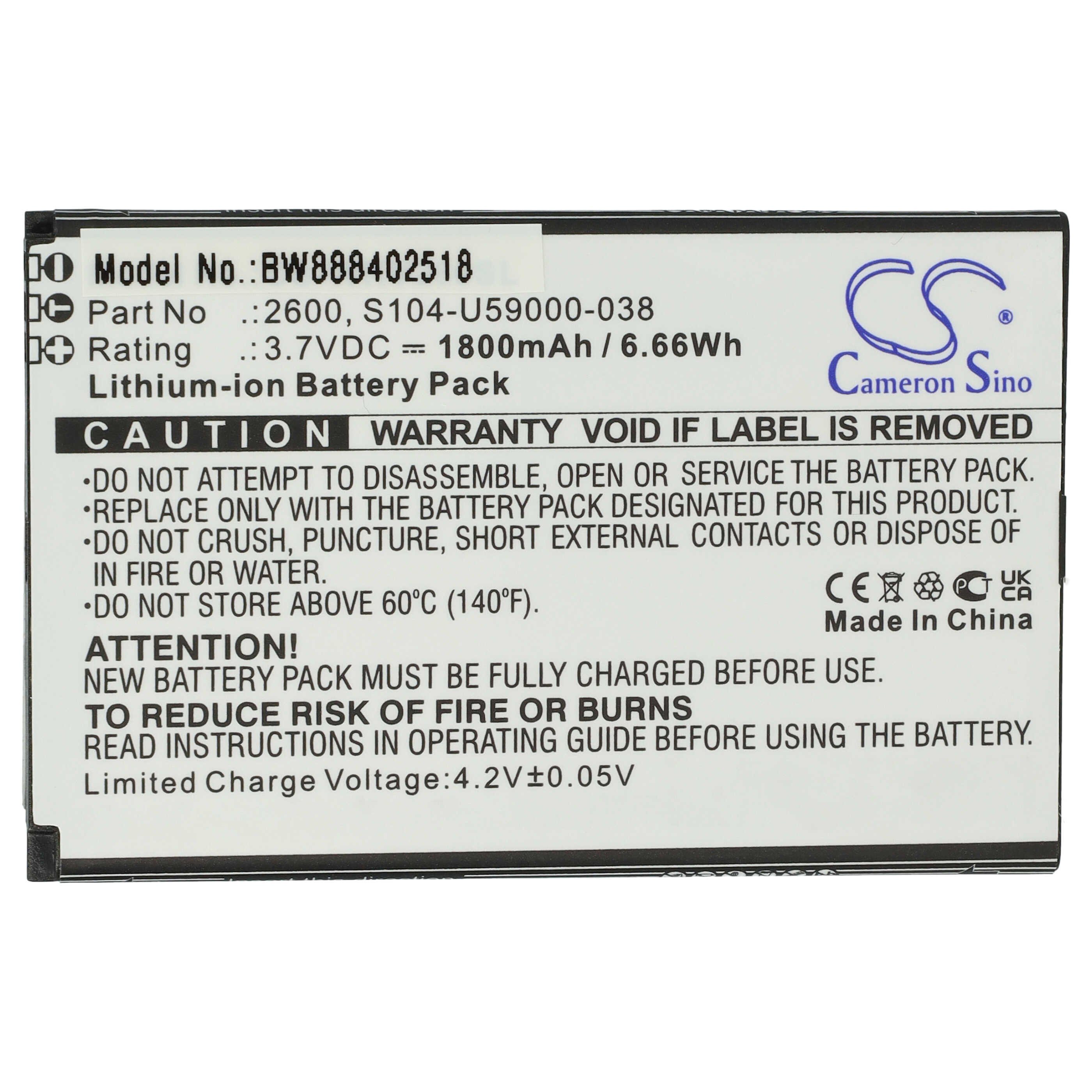 vhbw Akku Ersatz für Wiko 2600, S104-U59000-038 für Smartphone (1800 mAh, Smartphone-Akku Akku Li-Ion 1800 mAh (3,7 V), Leistungsfähiger Austausch-Akku für Telefon, Smartphone