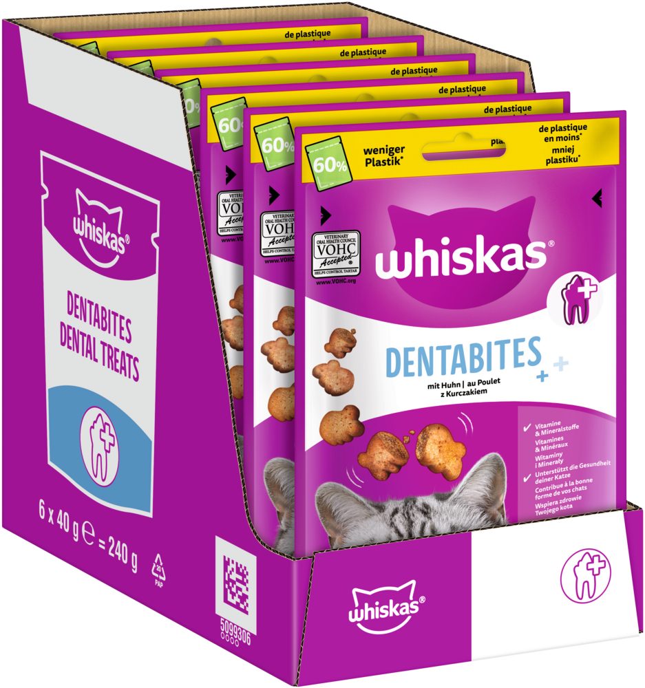 Whiskas WHISKAS® DENTABITES Portionsbeutel mit Huhn 6 x 40g, Snack für: Katze