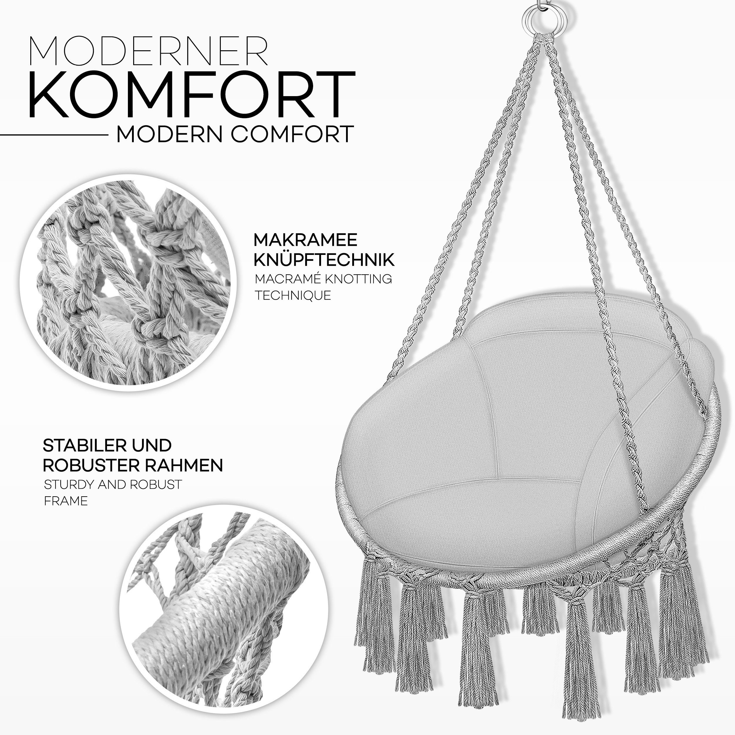 tillvex Hängesessel tillvex® Hängesessel Hängestuhl Hängeschaukel Hängekorb Hängesitz (Set, Hängesessel, Kissen, 4 Seile mit 2 Stahlringen), Kissen – Bild 2 von 5