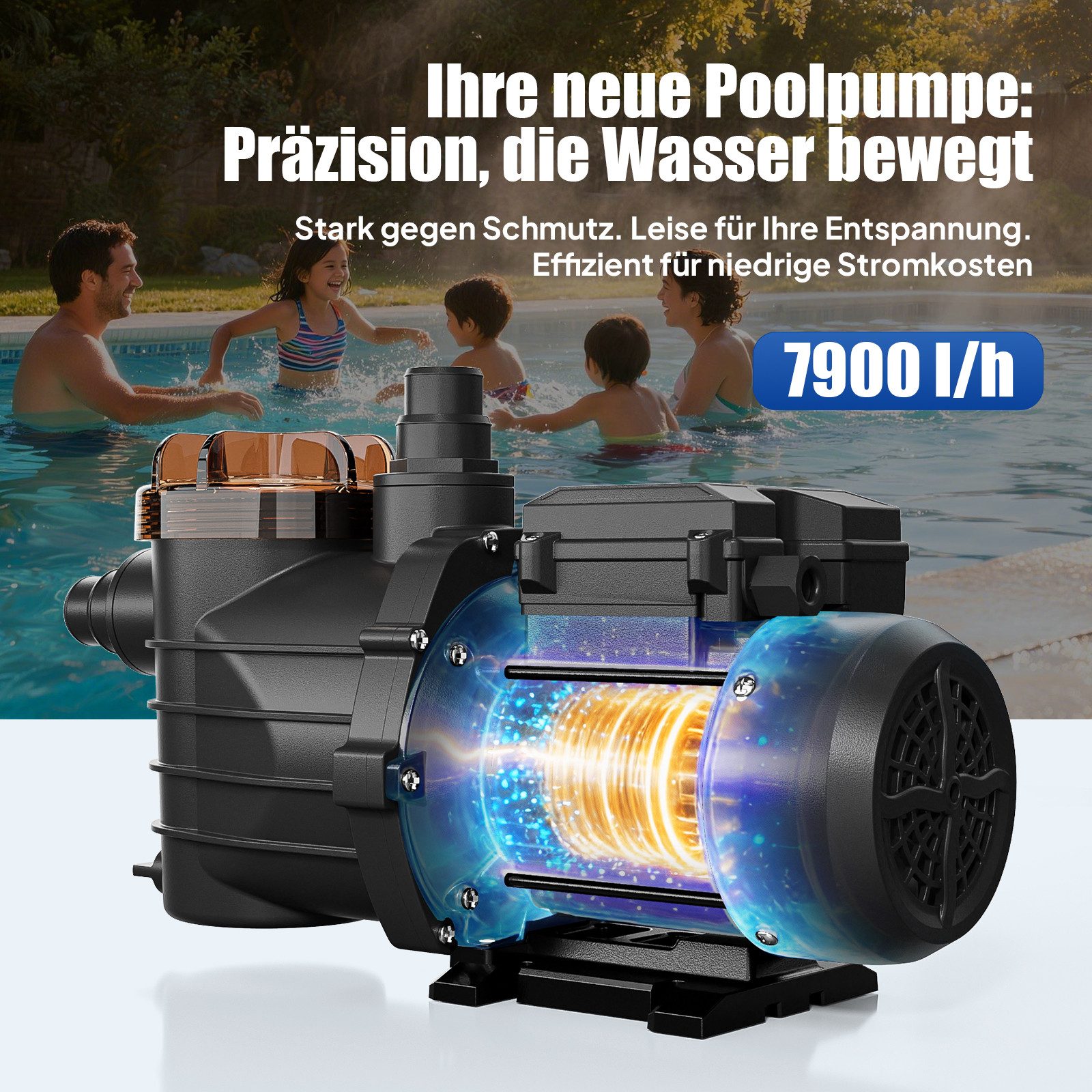 LALAHO Pool-Filterpumpe Poolpumpe 250W, 7900 l/h Durchfluss, selbstansaugende Wasserpumpe