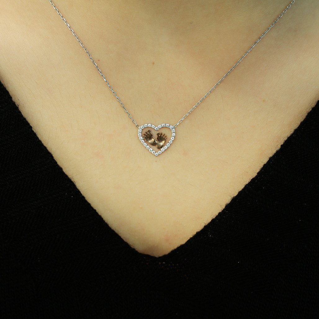 EinStein Diamant Goldkette Diamanten Halskette Baby-Füße in Herz 14 Karat Rose und Weißgold