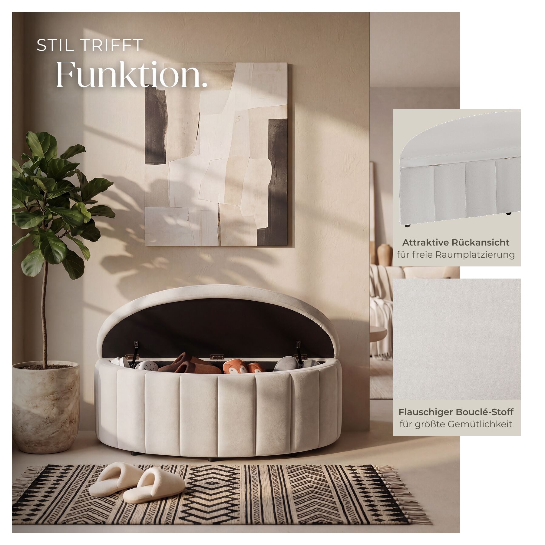 tectake Bank Polsterbank mit Stauraum Belastbarkeit 150 kg, 108 x 48 x 38,5 cm (Polsterbank Moon, in Samtoptik Taupe), Polsterdeckel mit Gasdruckfedersystem, mit Samt oder Bouclé