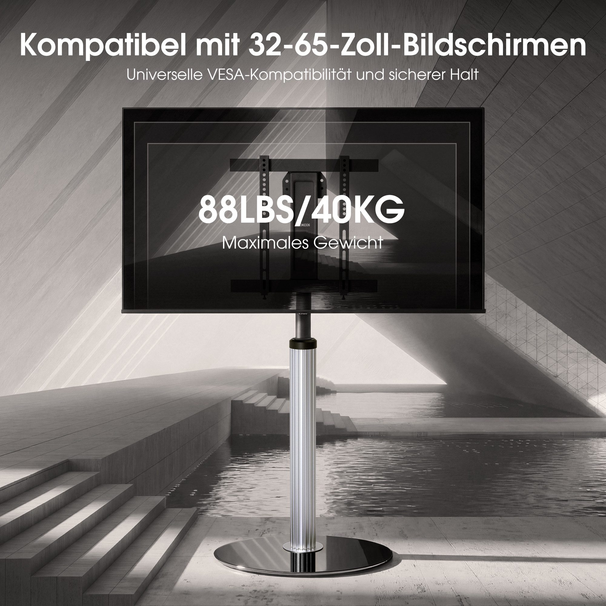 AOKCOS TV-Ständer, (bis 65 Zoll, mit Pfosten aus Aluminiumgitter & Glasbasis)