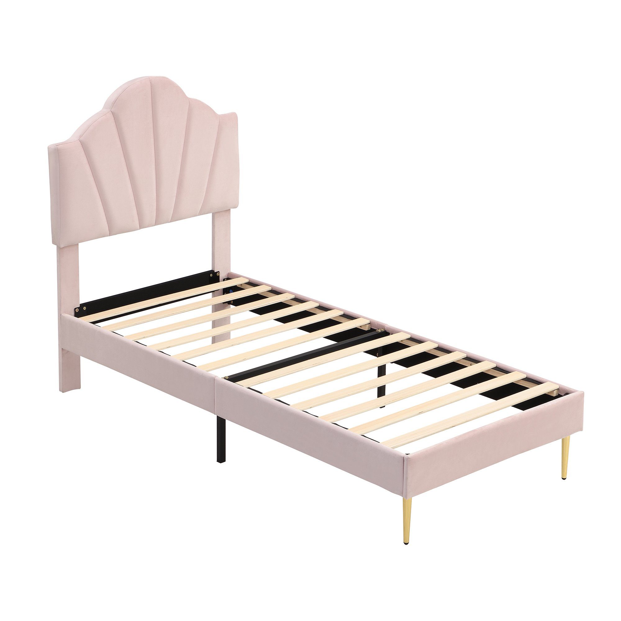 Polsterbett (Einzelbett 90x200 cm mit Polsterbank, ohne Matratze), mit höhenverstellbarem Muschel-Form-Kopfteil und Lattenrost, Samt