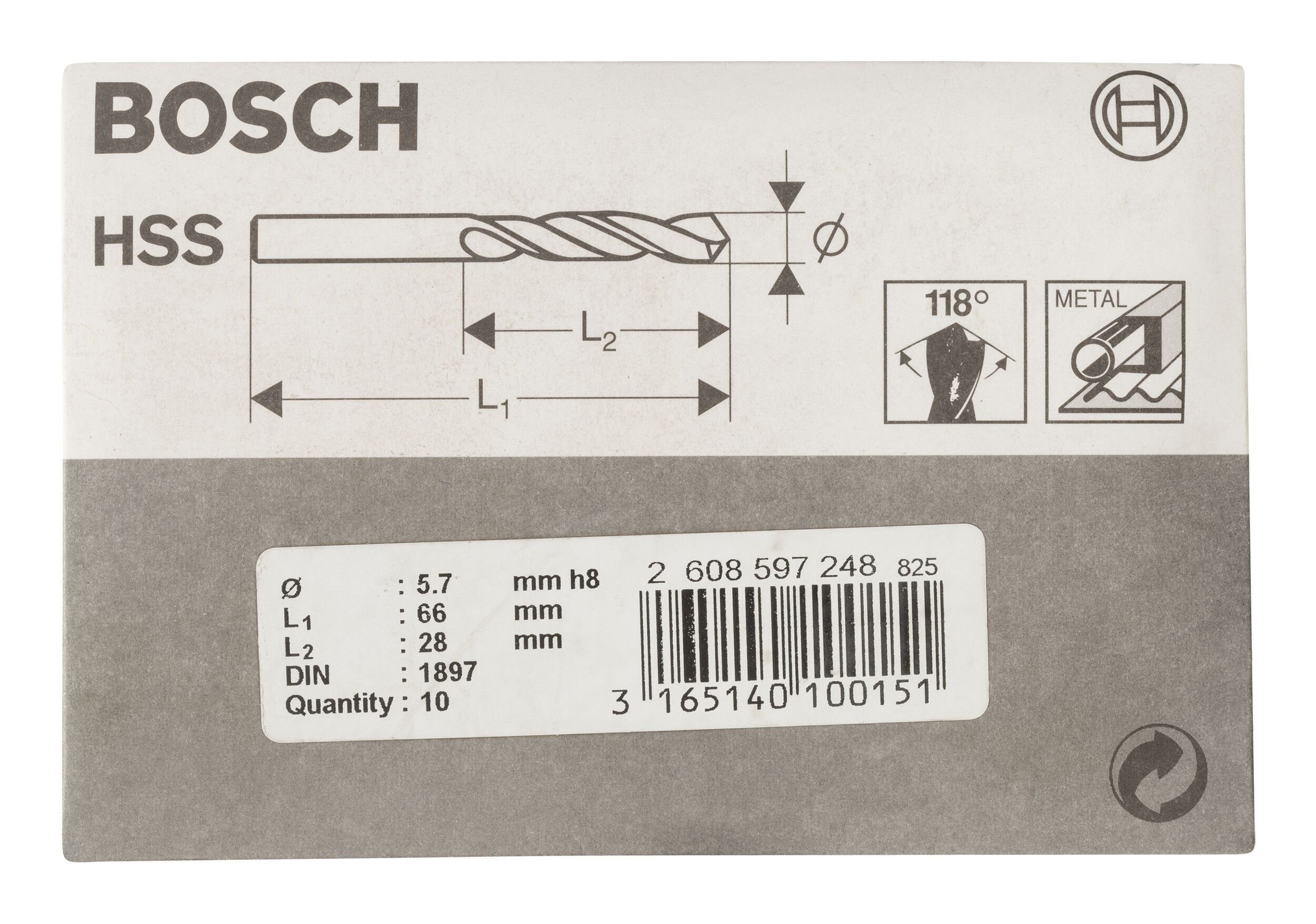 BOSCH Metallbohrer, (10 Stück), - x x HSS-R (DIN 66 10er-Pack Karosseriebohrer - mm 28 1897) 5,7