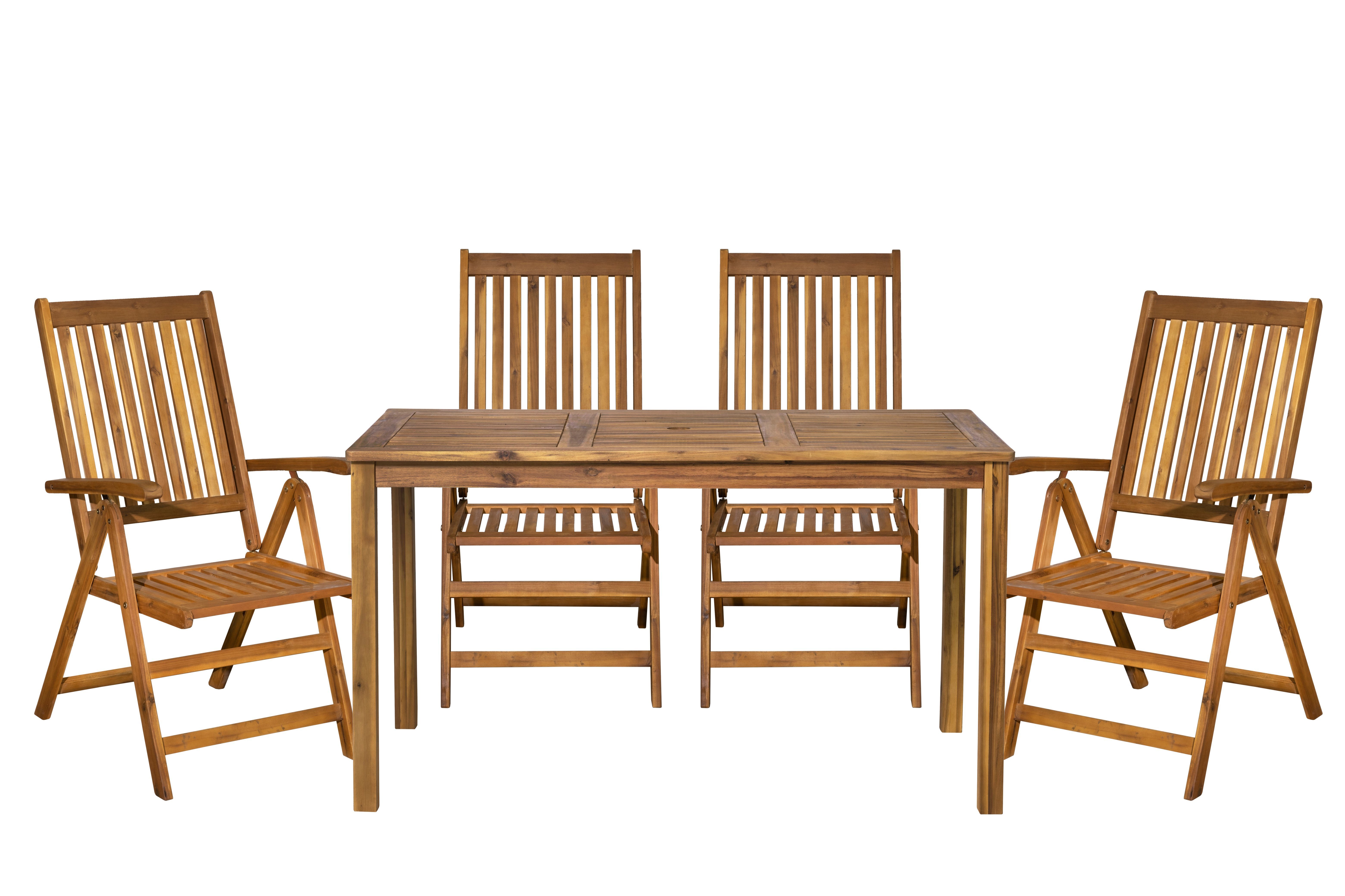 TPFGarden Sitzgruppe AKANA - Gartenessgruppe aus - 1 cm (BxHxT): und geöltem mit 44 Stühlen mit Stühlen 56x108x74 4 Stühle - Schirmloch, Sitzhöhe: Farbe: und Maße Tisch - Akazienholz, Sitzgruppe (Gartenesstisch Balkon 135x74x80 5-tlg., natur), Tisch