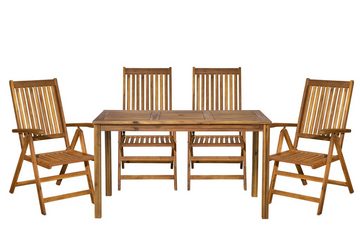 TPFGarden Sitzgruppe AKANA - Gartenessgruppe aus geöltem Akazienholz, (Gartenesstisch mit Stühlen und Schirmloch, 5-tlg., Balkon Sitzgruppe mit 4 Stühlen und 1 Tisch - Farbe: natur), Maße (BxHxT): Stühle 56x108x74 - Tisch 135x74x80 - Sitzhöhe: 44 cm