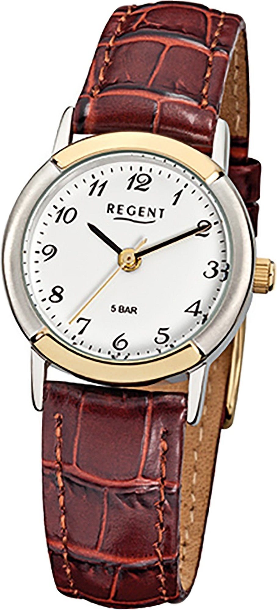 Regent Quarzuhr Regent Leder Damen Uhr F-576 Quarzuhr, Damenuhr Lederarmband braun, rundes Gehäuse, klein (ca. 25mm)