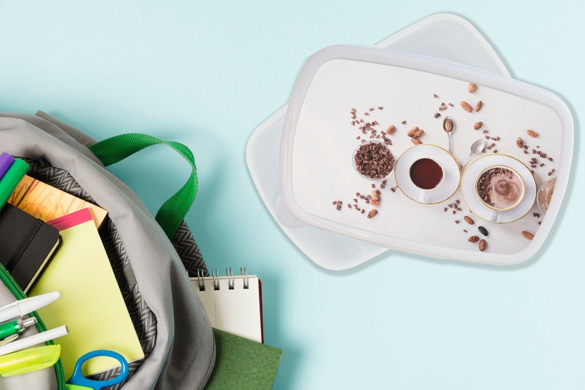 MuchoWow Lunchbox Kaffee - (2-tlg), Brotdose, Brotbox Kinder Erwachsene, Mädchen Schokolade, Kunststoff, für Jungs weiß für Kaffeebohnen und - und