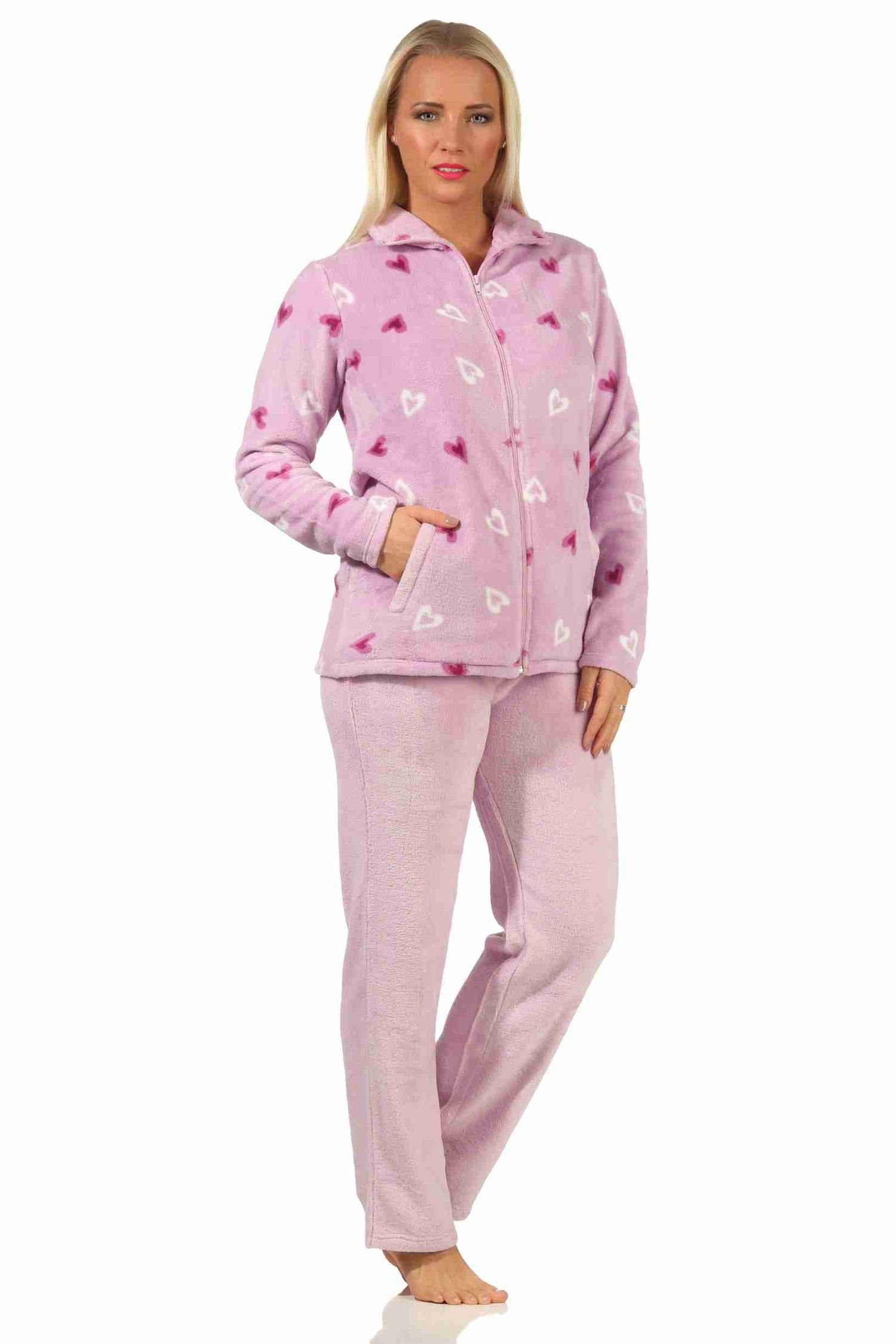 Normann Relaxanzug Wunderschöner Damen Hausanzug aus Coralfleece in Herz-Motiv Optik