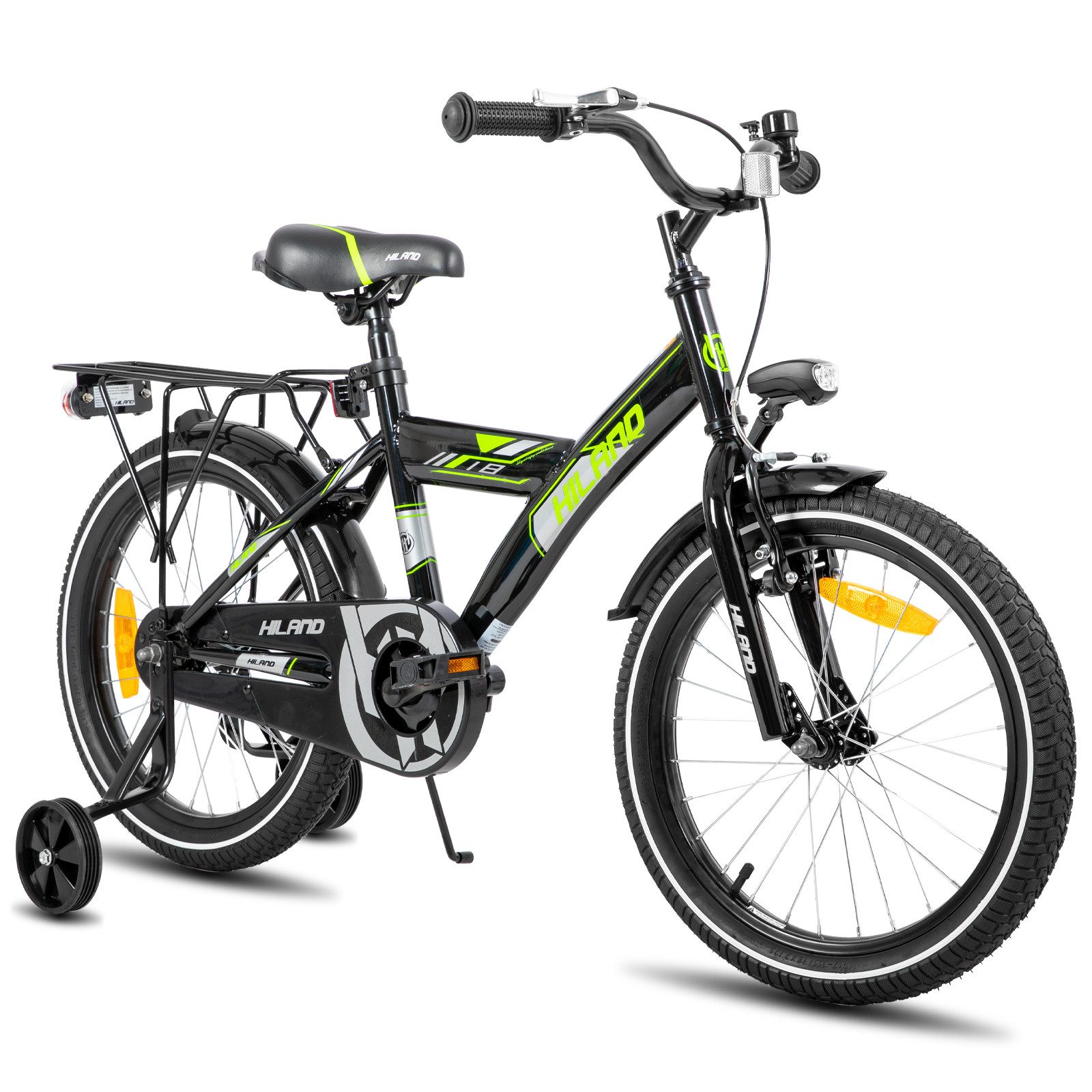 HILAND Kinderfahrrad Sentry 16/18 Zoll Jungen Kinderfahrrad für Kinder ab 4 bis 9 Jahren, 1 Gang, mit Rücksitz/Gepäckträger Stützräder Handbremse