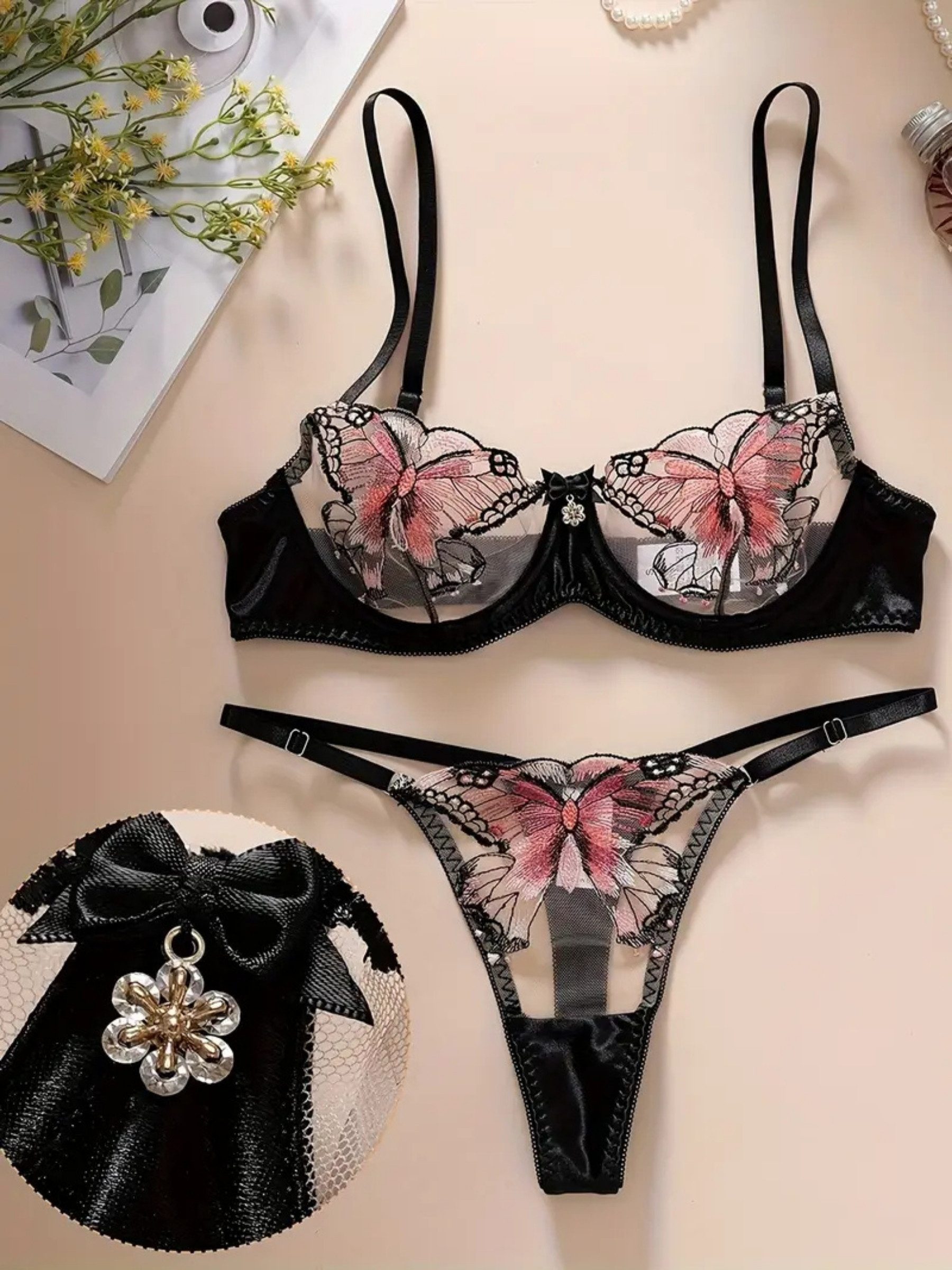 Set: Bügel-BH Sexy Dessous-Set mit Stickerei – Unterwäsche für Damen