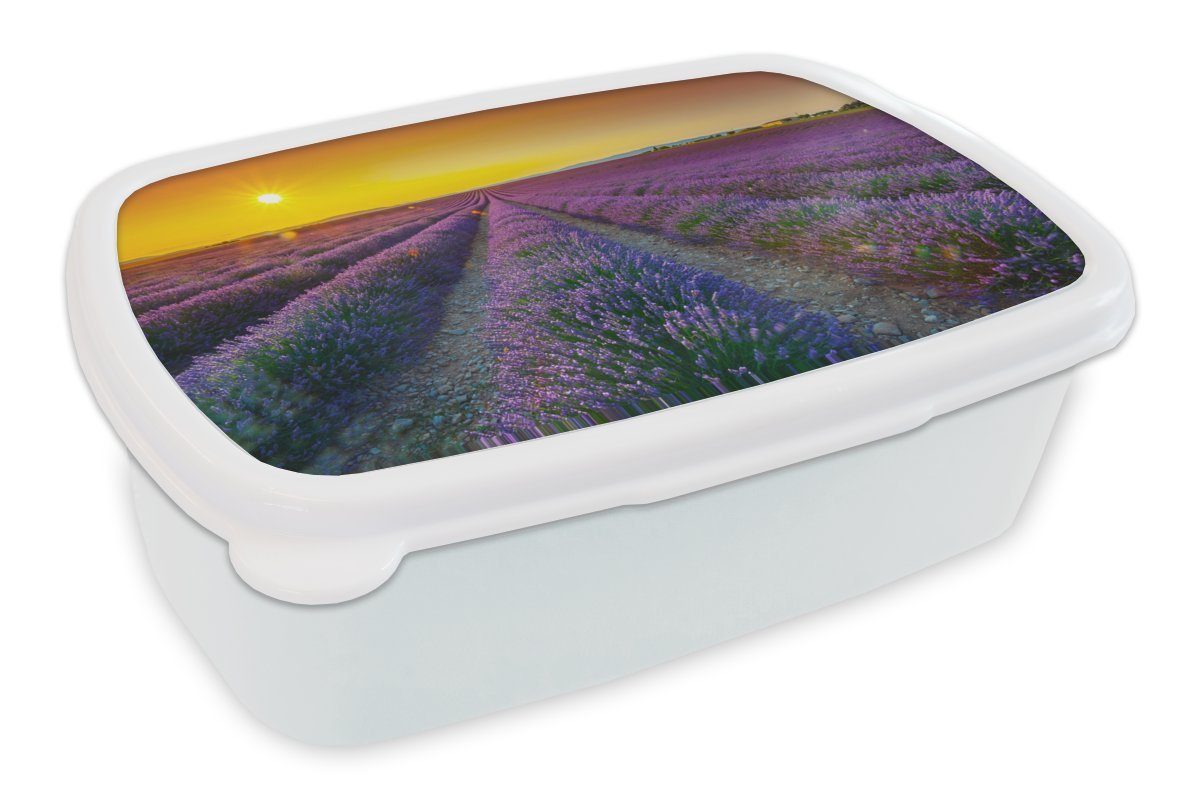 MuchoWow Lunchbox Oranger Sonnenuntergang über einem Feld voller Lavendel, Kunststoff, (2-tlg), Brotbox für Kinder und Erwachsene, Brotdose, für Jungs und Mädchen weiß