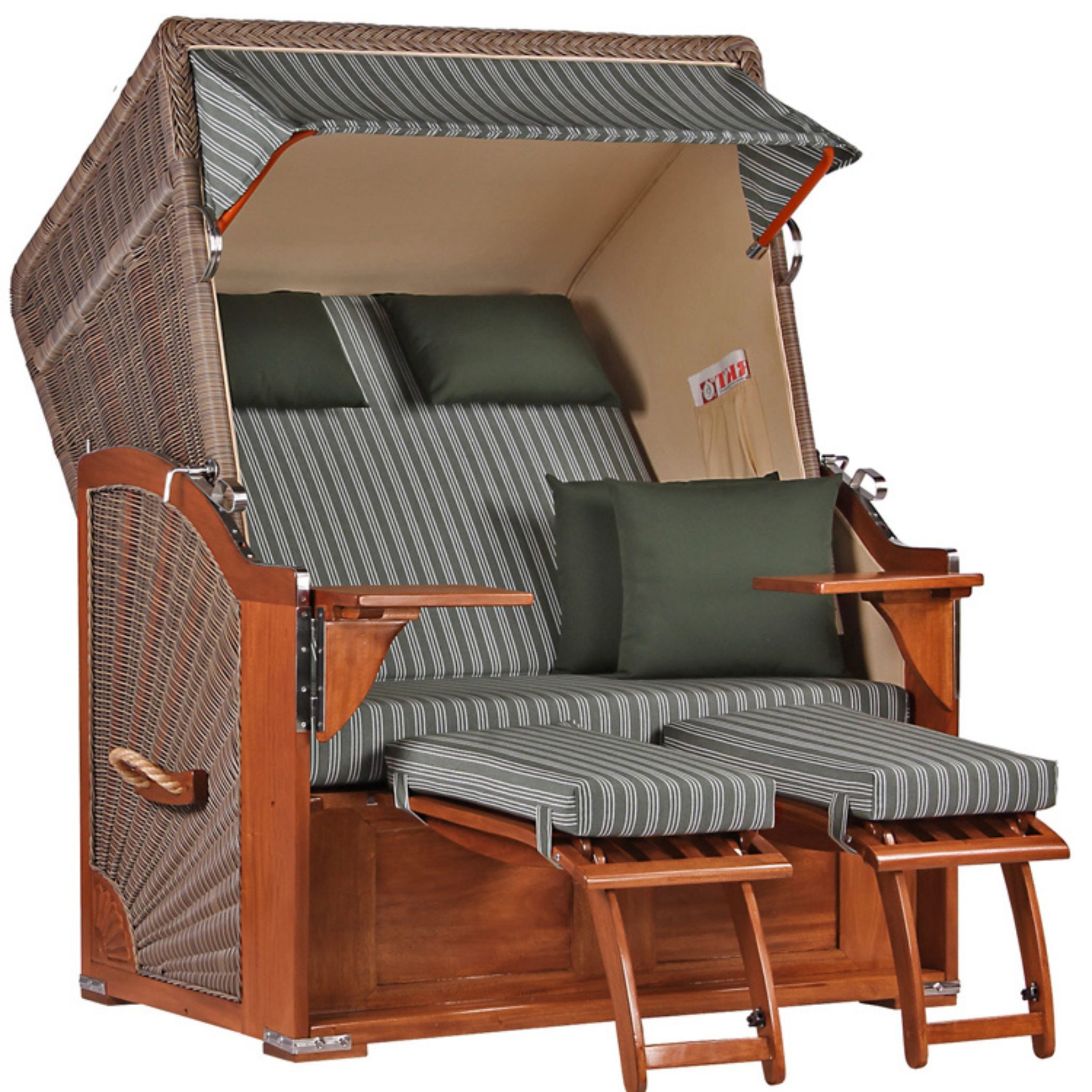 MR.DEKO Strandkorb 2-Sitzer Seeblick Vollholz PE Grey Volllieger, BxTxH: 125x80x170 cm, Volllieger, Seeblick, (Zweisitzer als Volllieger für Balkon und Garten), der Strandkorb mit einhängbaren Fußablagen, wetterfest