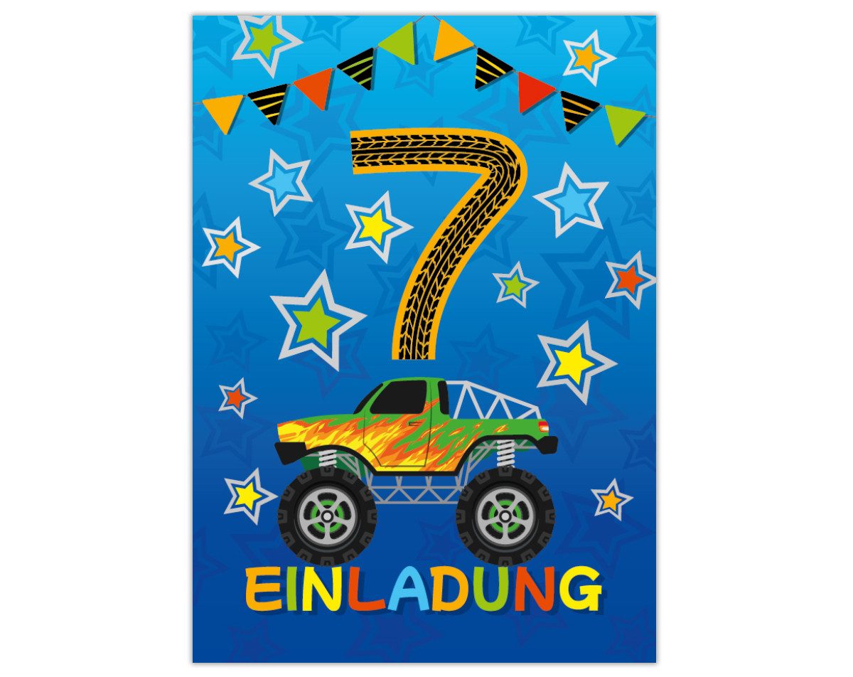 JUNAPACK Einladungskarten Auto zum 7. Kindergeburtstag Jungen Einladungen Karten Monster Truck, Einladungskarten mit einem Monster Truck Motiv zum siebten Geburtstag